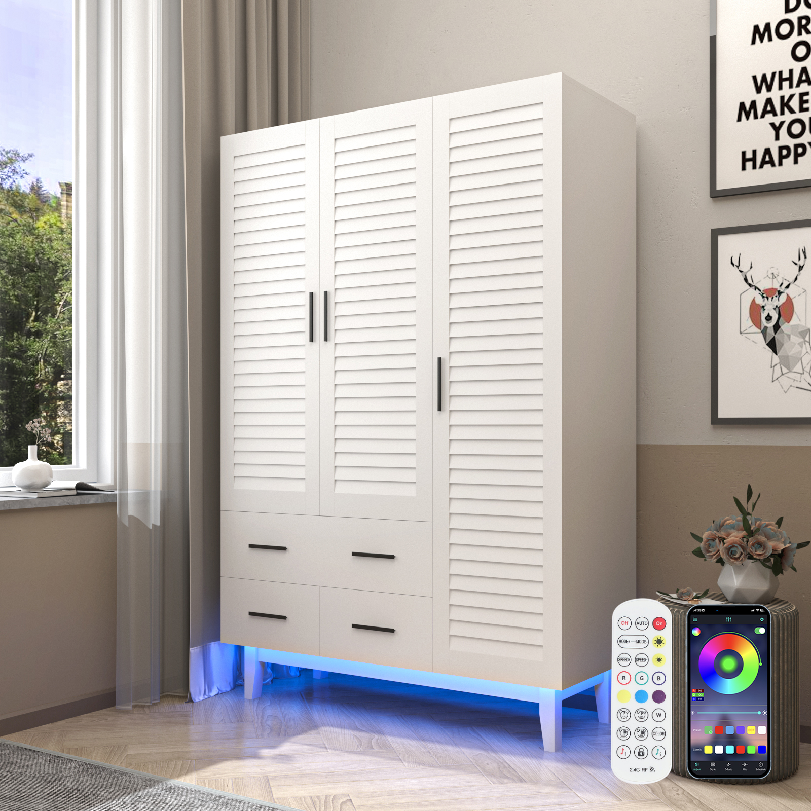 3-Doors Wardrobe Armoire with LED, Closet Storage Cabinet with 3 Shelves, Hanging Rod & 3 Drawers for Bedroom