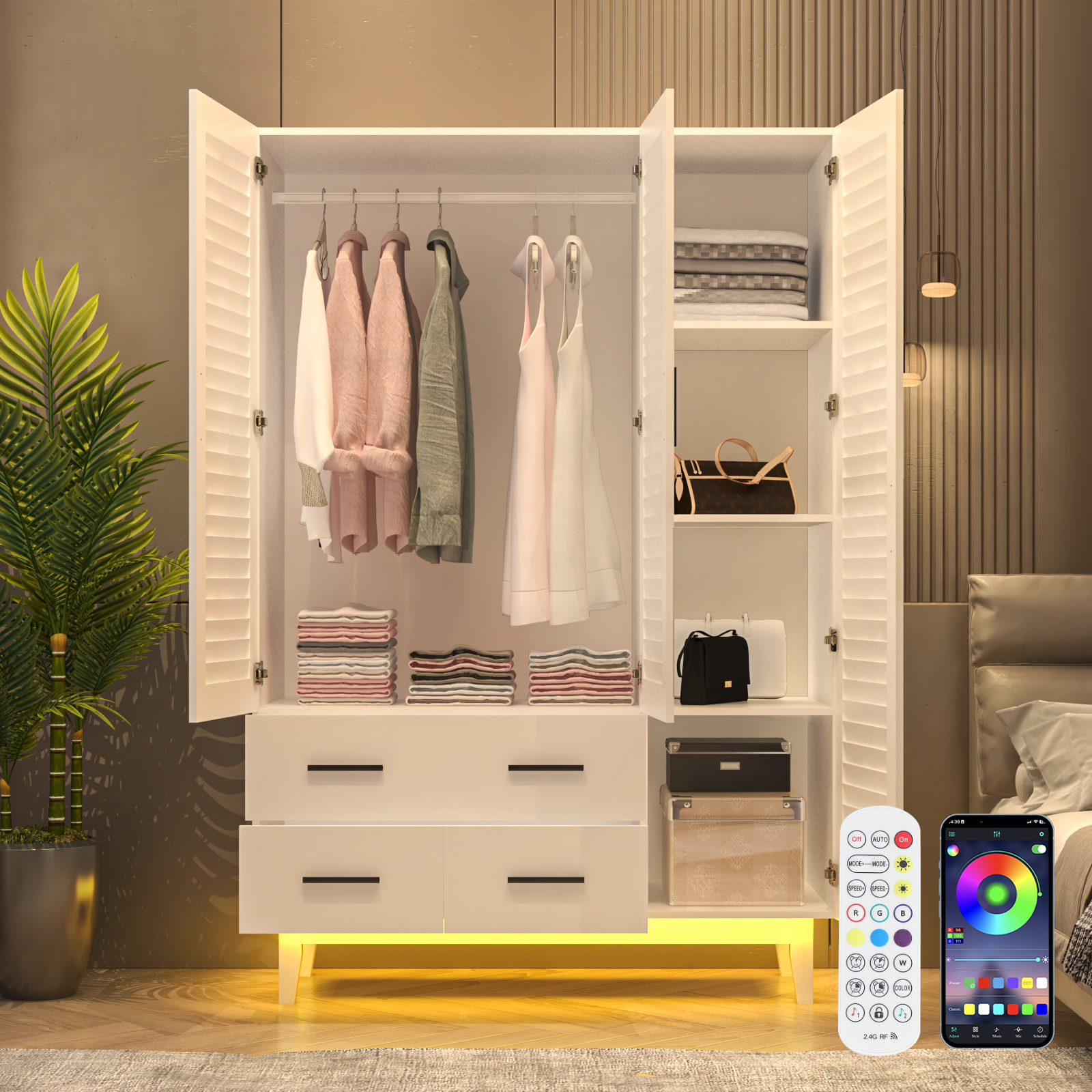 3-Doors Wardrobe Armoire with LED, Closet Storage Cabinet with 3 Shelves, Hanging Rod & 3 Drawers for Bedroom