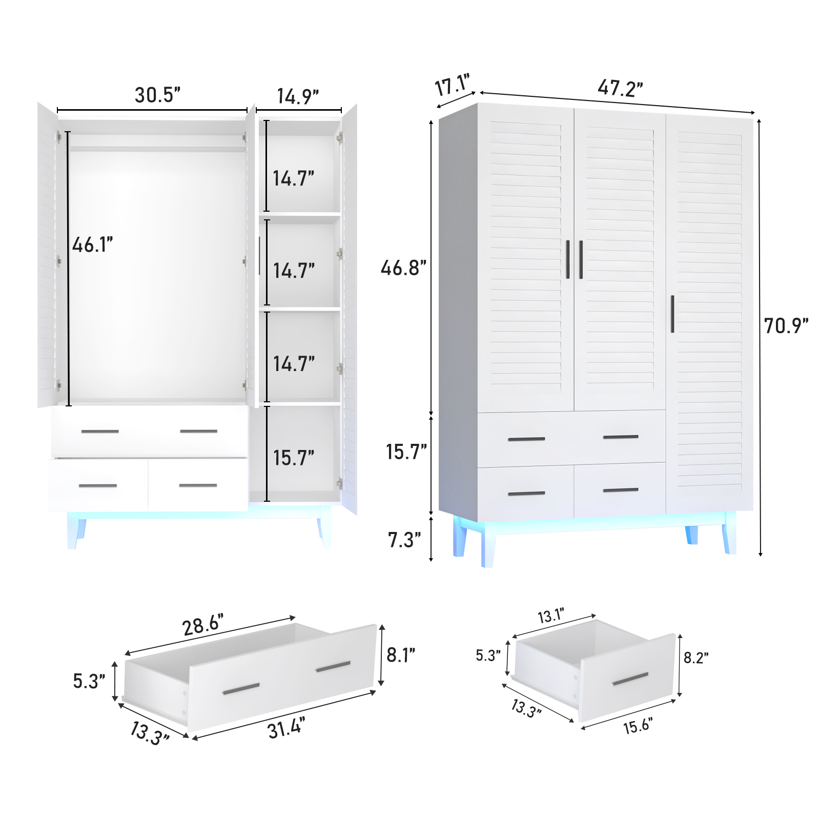 3-Doors Wardrobe Armoire with LED, Closet Storage Cabinet with 3 Shelves, Hanging Rod & 3 Drawers for Bedroom
