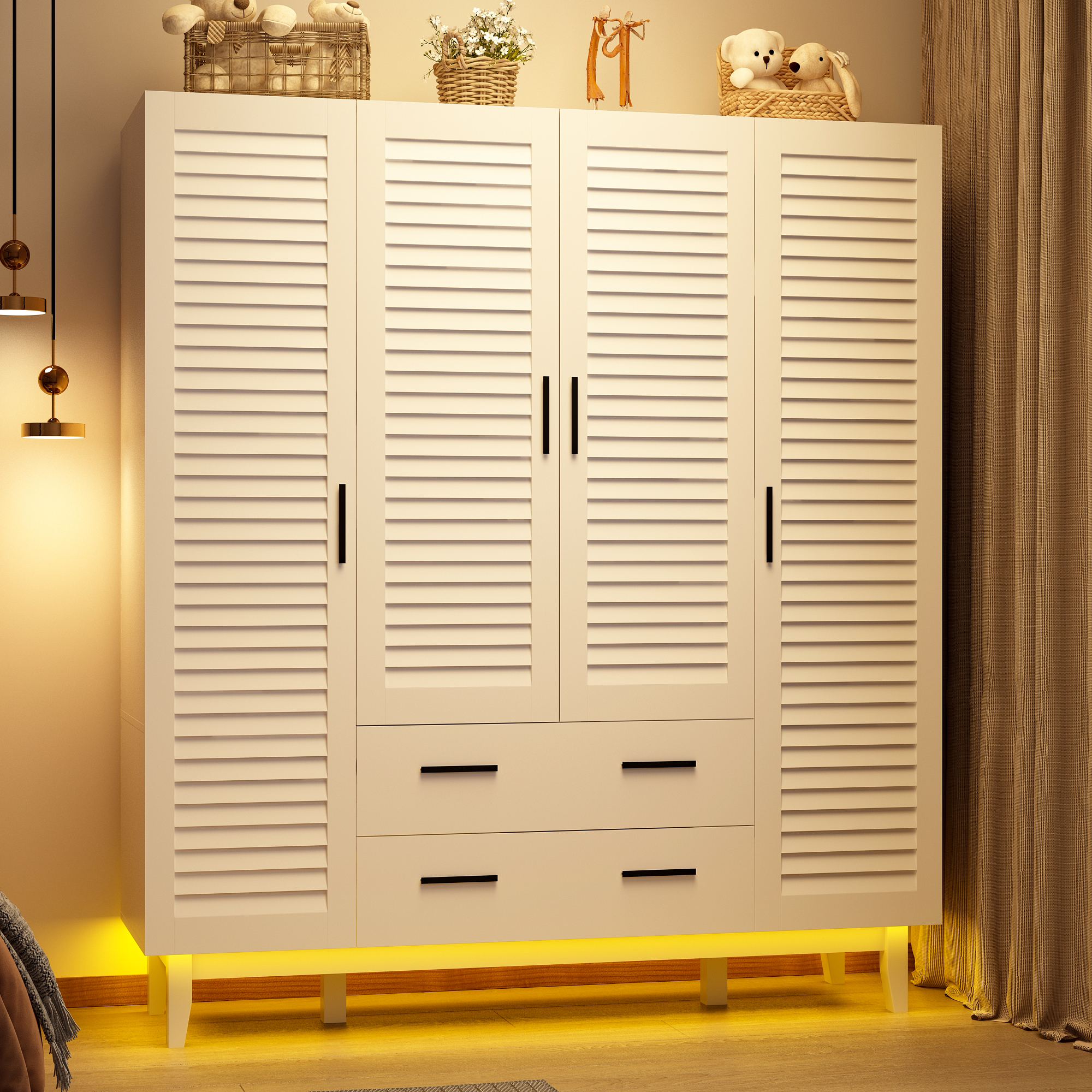 ANPOO Large 4 Doors Armoire Wardrobe Closet with LED Lights & Hanging Rods,70.9" Black Louver Door Wardrobe Armoire with 2 Drawers,LED Large Armoire Storage with Multi-Layer Shelves