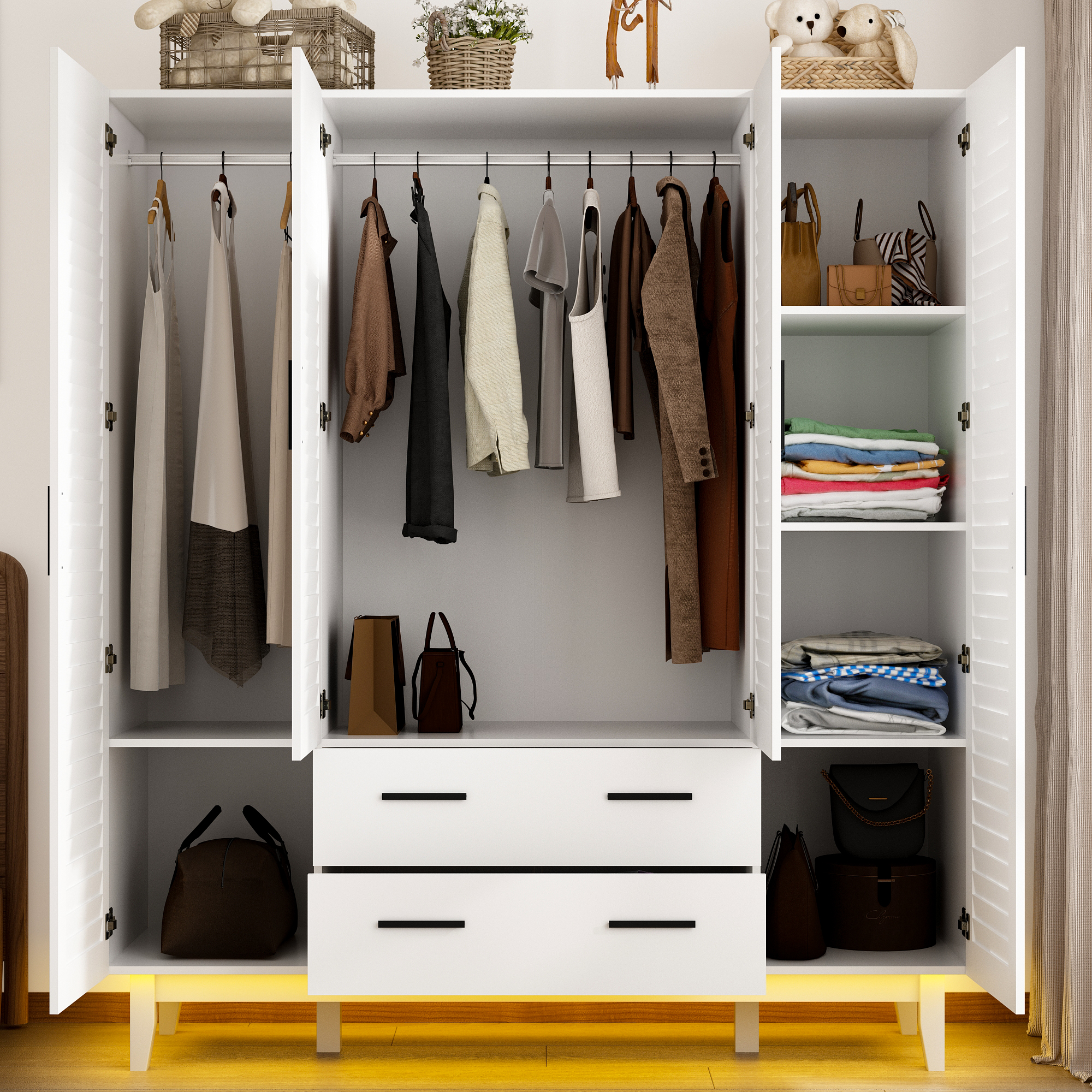 ANPOO Large 4 Doors Armoire Wardrobe Closet with LED Lights & Hanging Rods,70.9" Black Louver Door Wardrobe Armoire with 2 Drawers,LED Large Armoire Storage with Multi-Layer Shelves