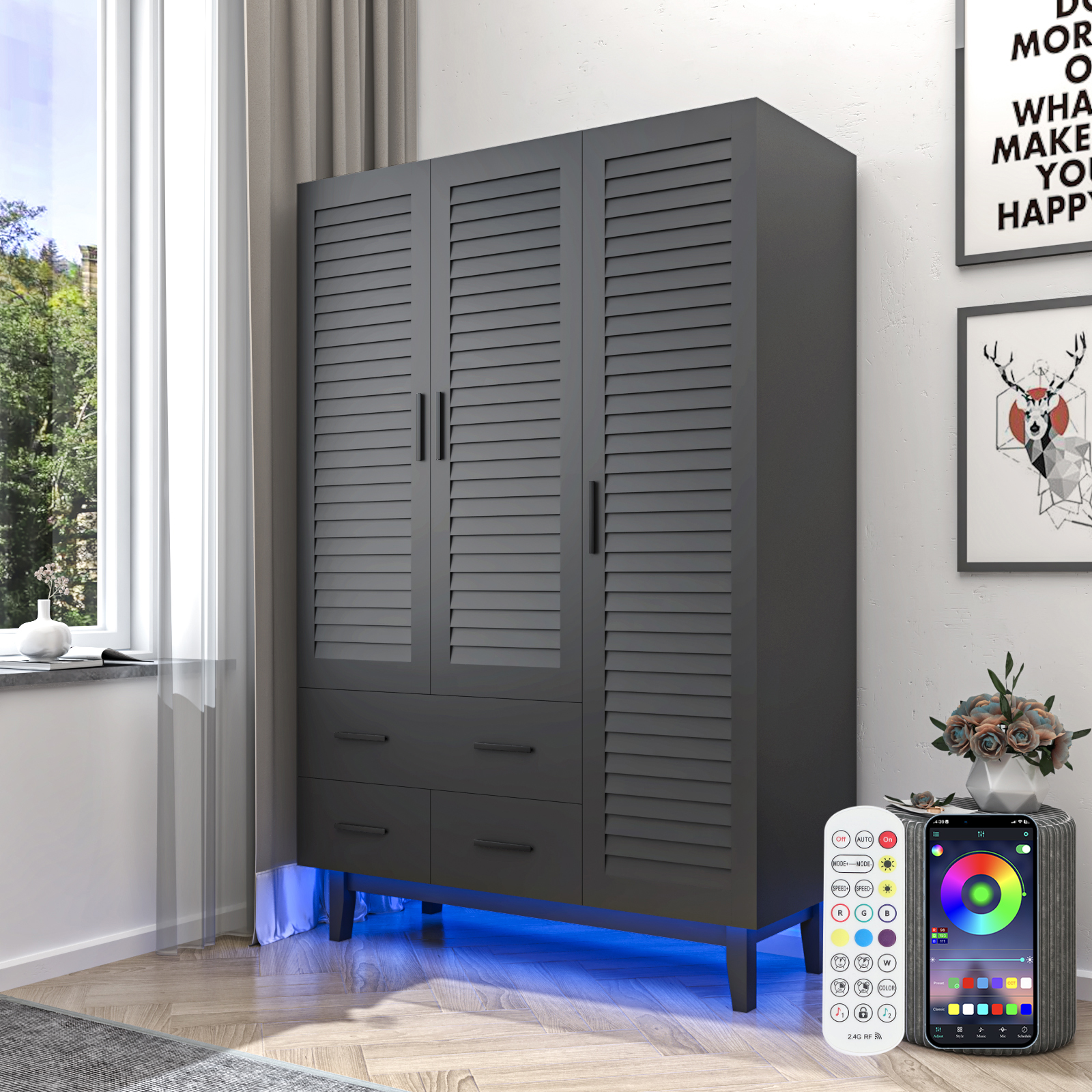 3-Doors Wardrobe Armoire with LED, Closet Storage Cabinet with 3 Shelves, Hanging Rod & 3 Drawers for Bedroom