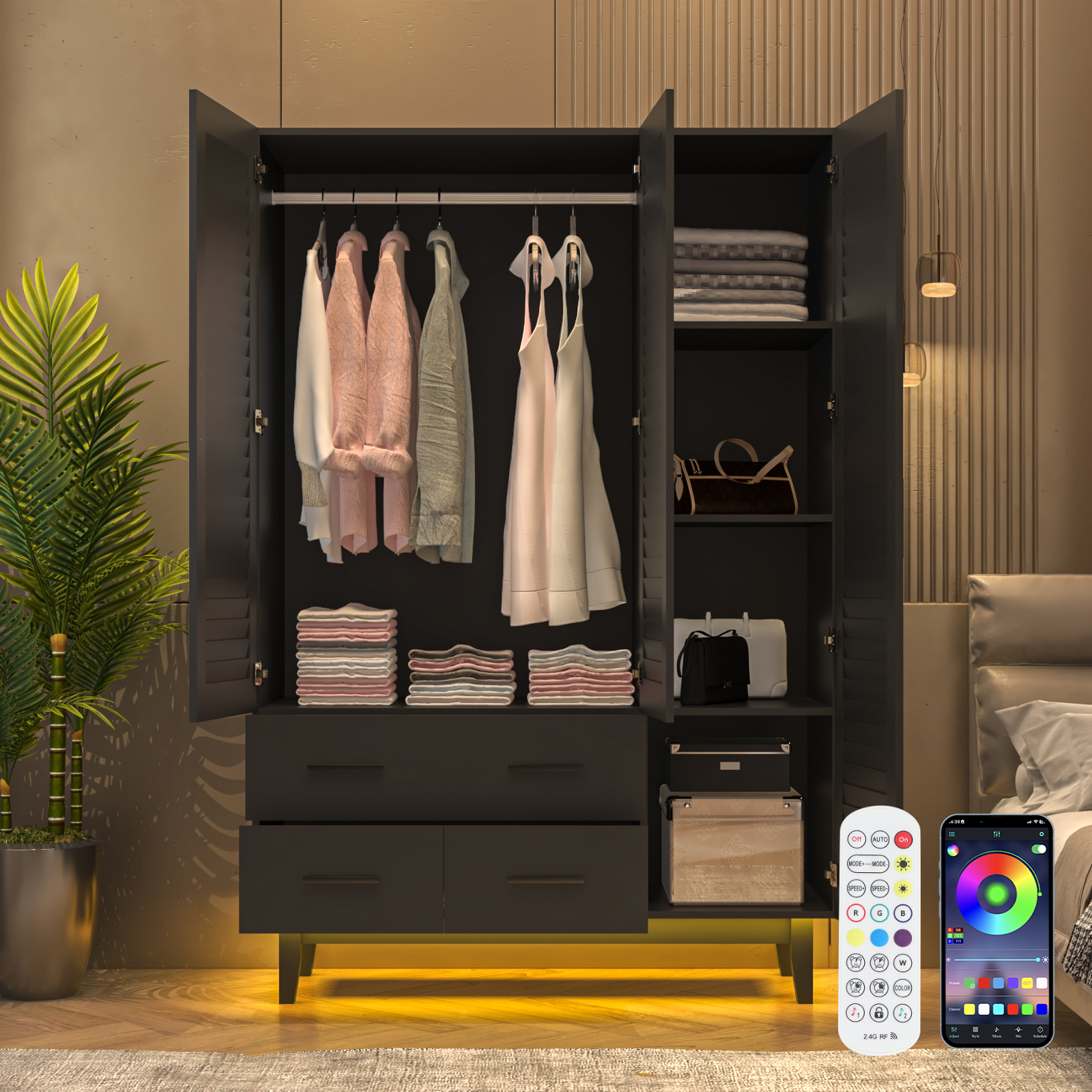 3-Doors Wardrobe Armoire with LED, Closet Storage Cabinet with 3 Shelves, Hanging Rod & 3 Drawers for Bedroom