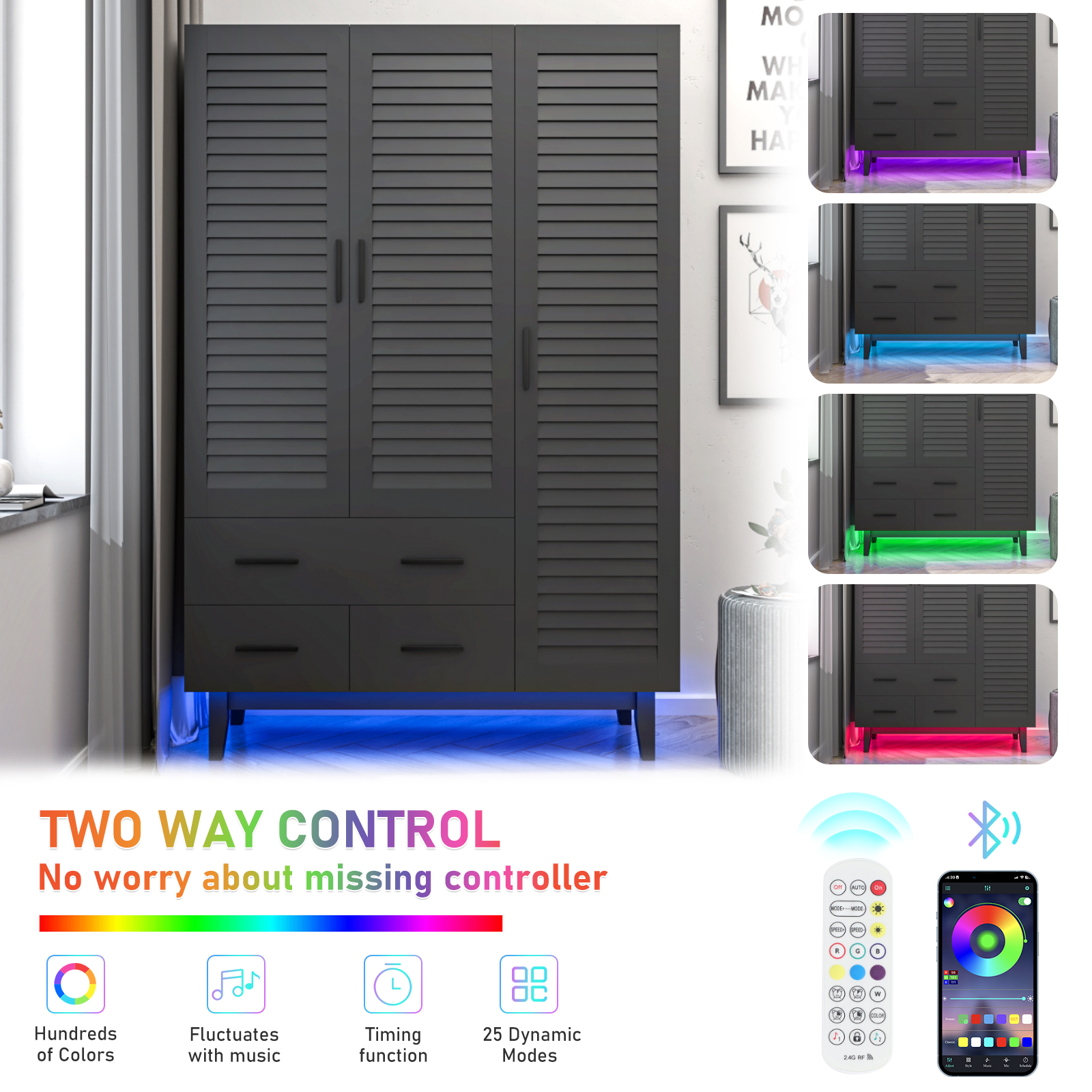 3-Doors Wardrobe Armoire with LED, Closet Storage Cabinet with 3 Shelves, Hanging Rod & 3 Drawers for Bedroom