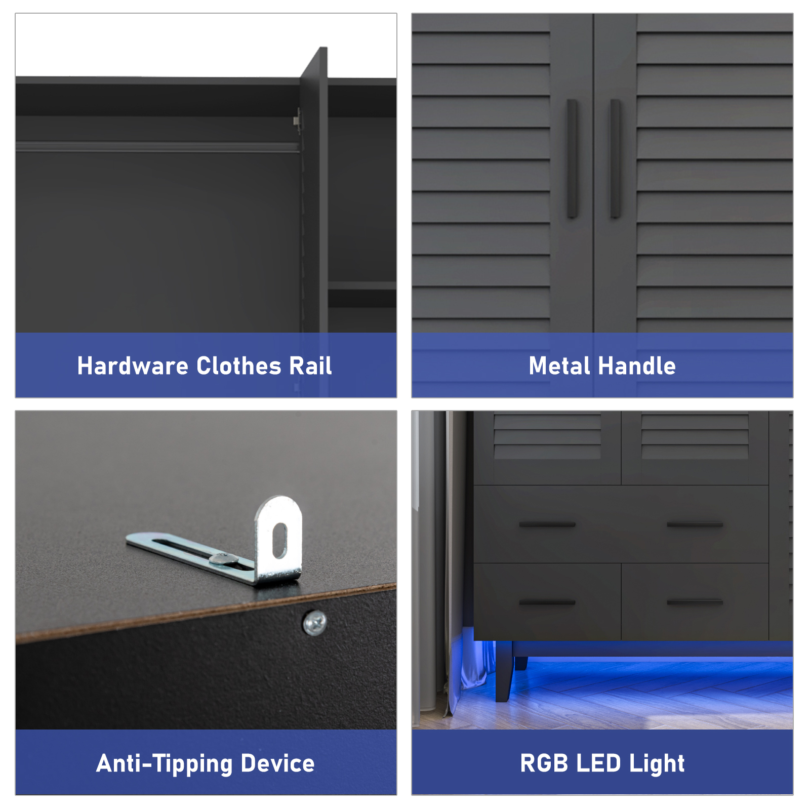 3-Doors Wardrobe Armoire with LED, Closet Storage Cabinet with 3 Shelves, Hanging Rod & 3 Drawers for Bedroom