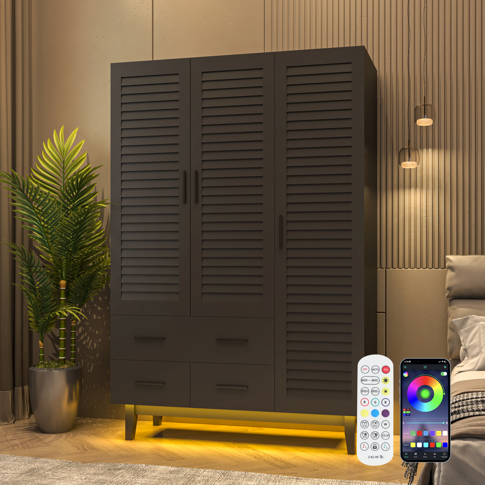 3-Doors Wardrobe Armoire with LED, Closet Storage Cabinet with 3 Shelves, Hanging Rod & 3 Drawers for Bedroom