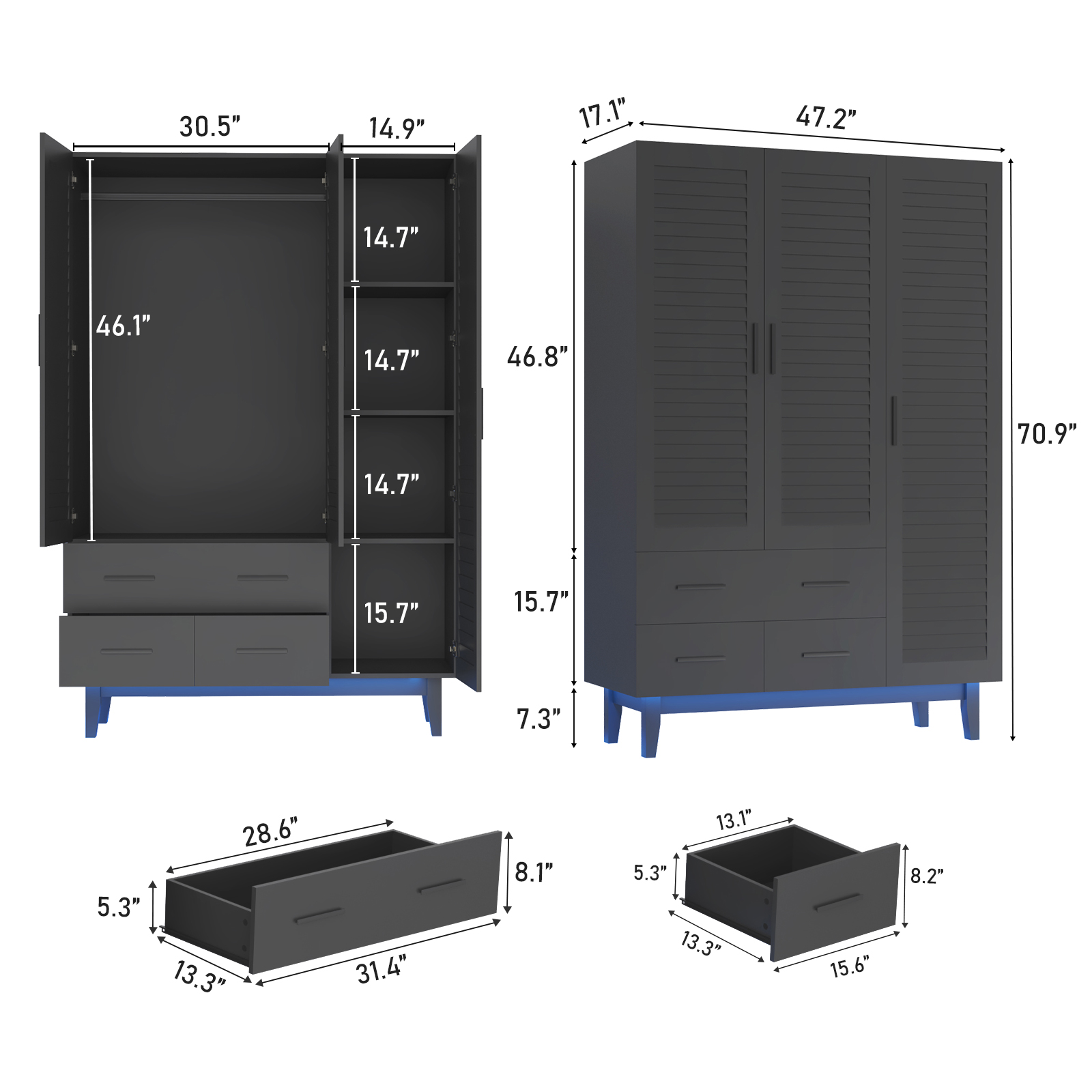 3-Doors Wardrobe Armoire with LED, Closet Storage Cabinet with 3 Shelves, Hanging Rod & 3 Drawers for Bedroom