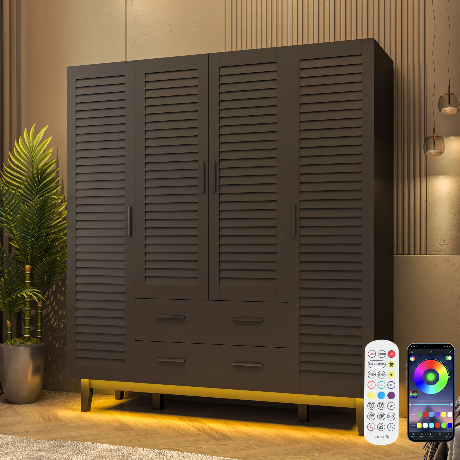 4-Doors Wardrobe Armoire with LED, 70-inch Closet Storage Cabinet with 4 Shelves, Hanging Rod & 2 Drawers for Bedroom