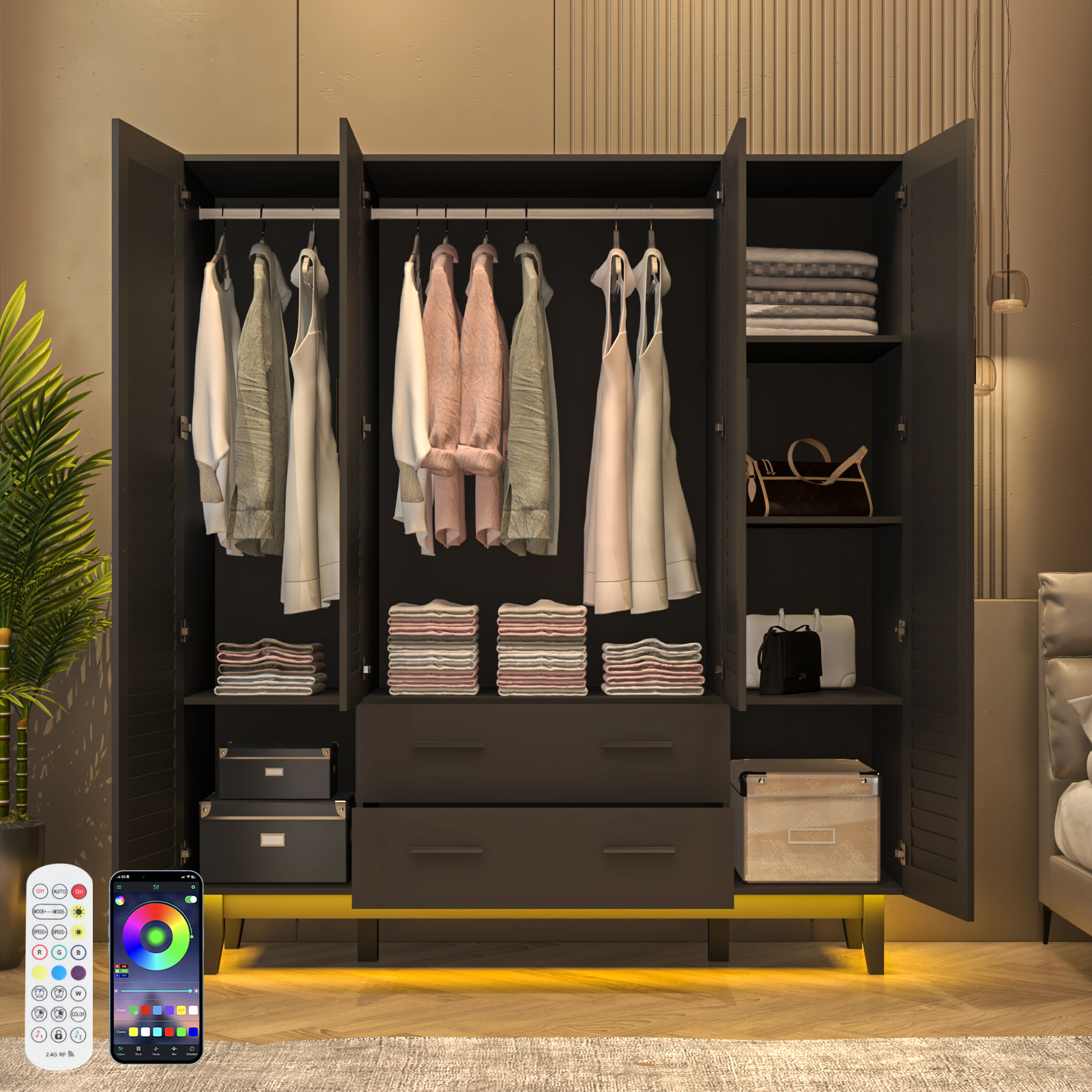 4-Doors Wardrobe Armoire with LED, 70-inch Closet Storage Cabinet with 4 Shelves, Hanging Rod & 2 Drawers for Bedroom