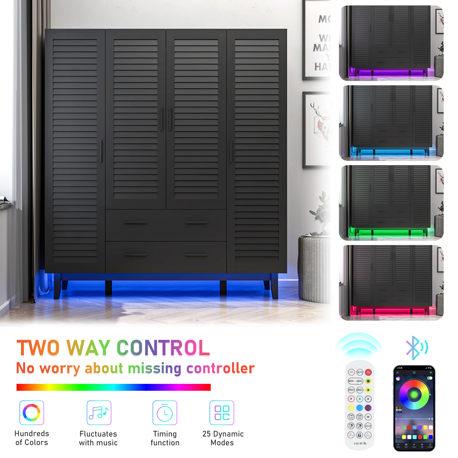 4-Doors Wardrobe Armoire with LED, 70-inch Closet Storage Cabinet with 4 Shelves, Hanging Rod & 2 Drawers for Bedroom