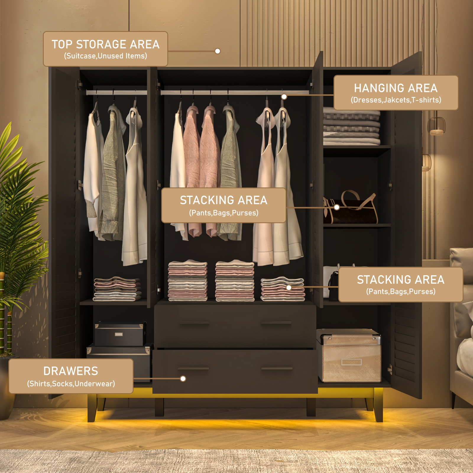 4-Doors Wardrobe Armoire with LED, 70-inch Closet Storage Cabinet with 4 Shelves, Hanging Rod & 2 Drawers for Bedroom