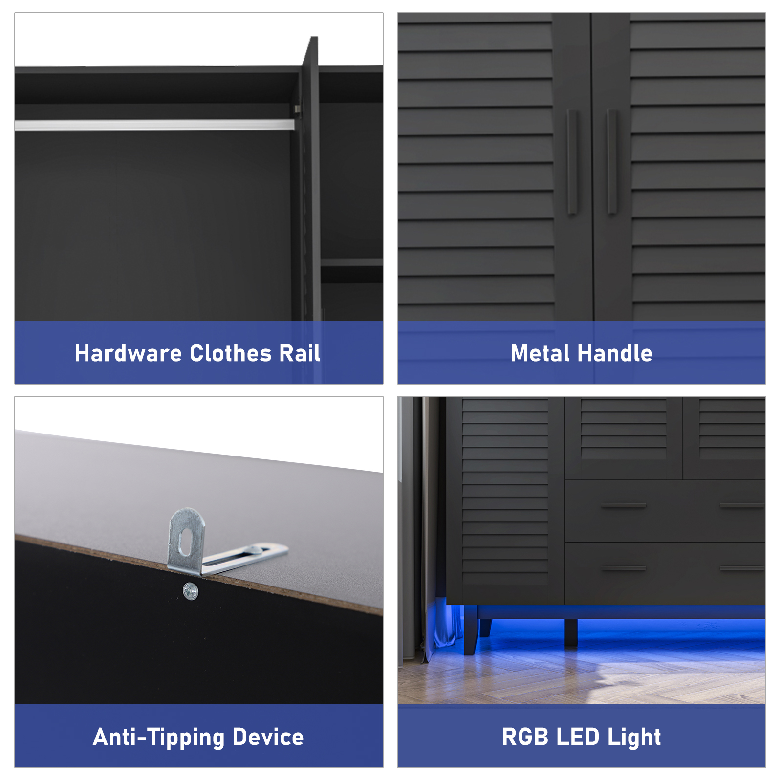 4-Doors Wardrobe Armoire with LED, 70-inch Closet Storage Cabinet with 4 Shelves, Hanging Rod & 2 Drawers for Bedroom