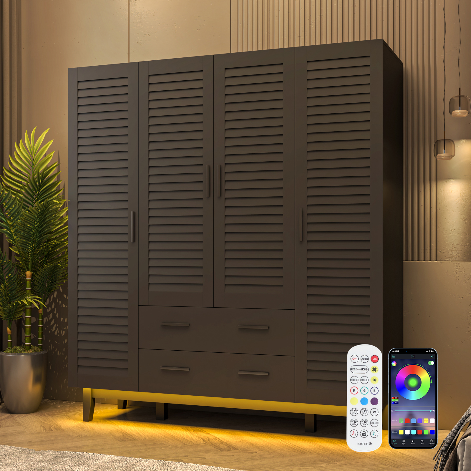 4-Doors Wardrobe Armoire with LED, 70-inch Closet Storage Cabinet with 4 Shelves, Hanging Rod & 2 Drawers for Bedroom