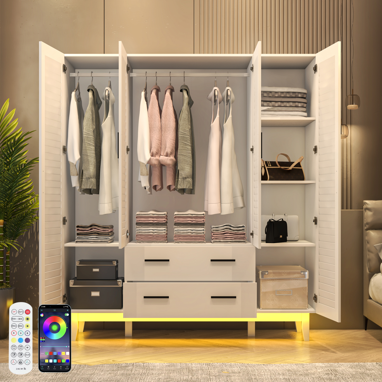 4-Doors Wardrobe Armoire with LED, 70-inch Closet Storage Cabinet with 4 Shelves, Hanging Rod & 2 Drawers for Bedroom