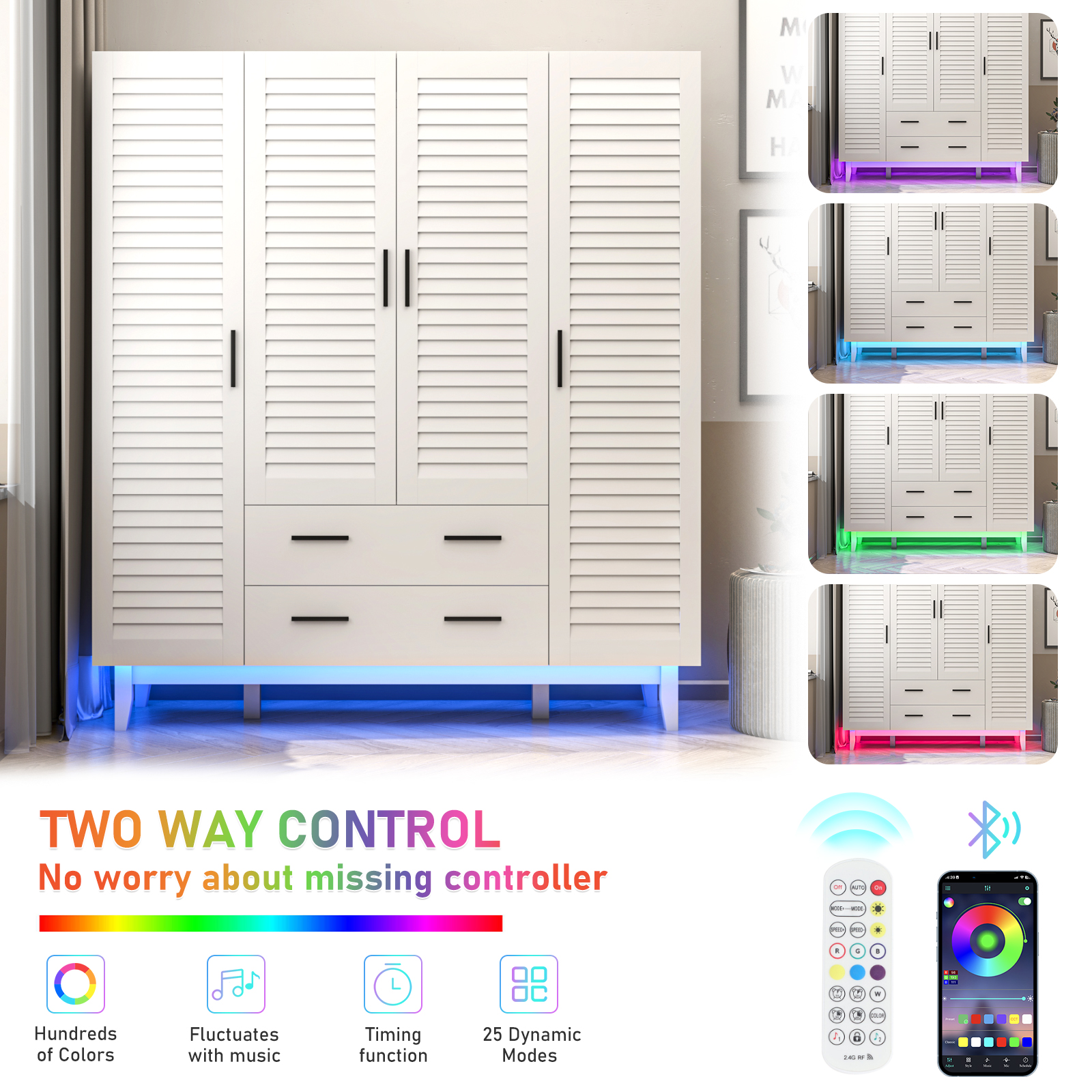 4-Doors Wardrobe Armoire with LED, 70-inch Closet Storage Cabinet with 4 Shelves, Hanging Rod & 2 Drawers for Bedroom