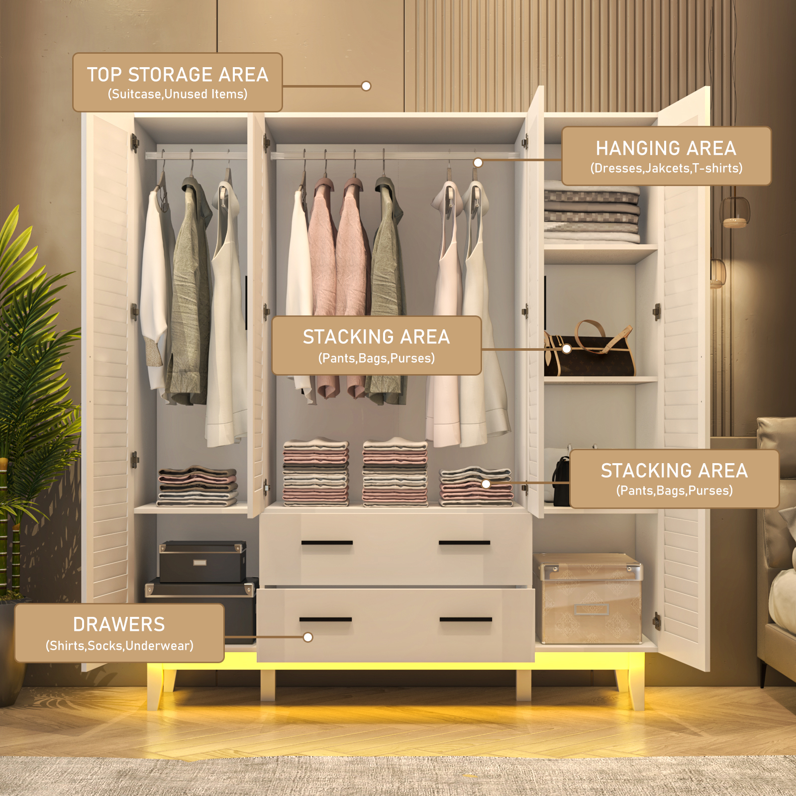 4-Doors Wardrobe Armoire with LED, 70-inch Closet Storage Cabinet with 4 Shelves, Hanging Rod & 2 Drawers for Bedroom