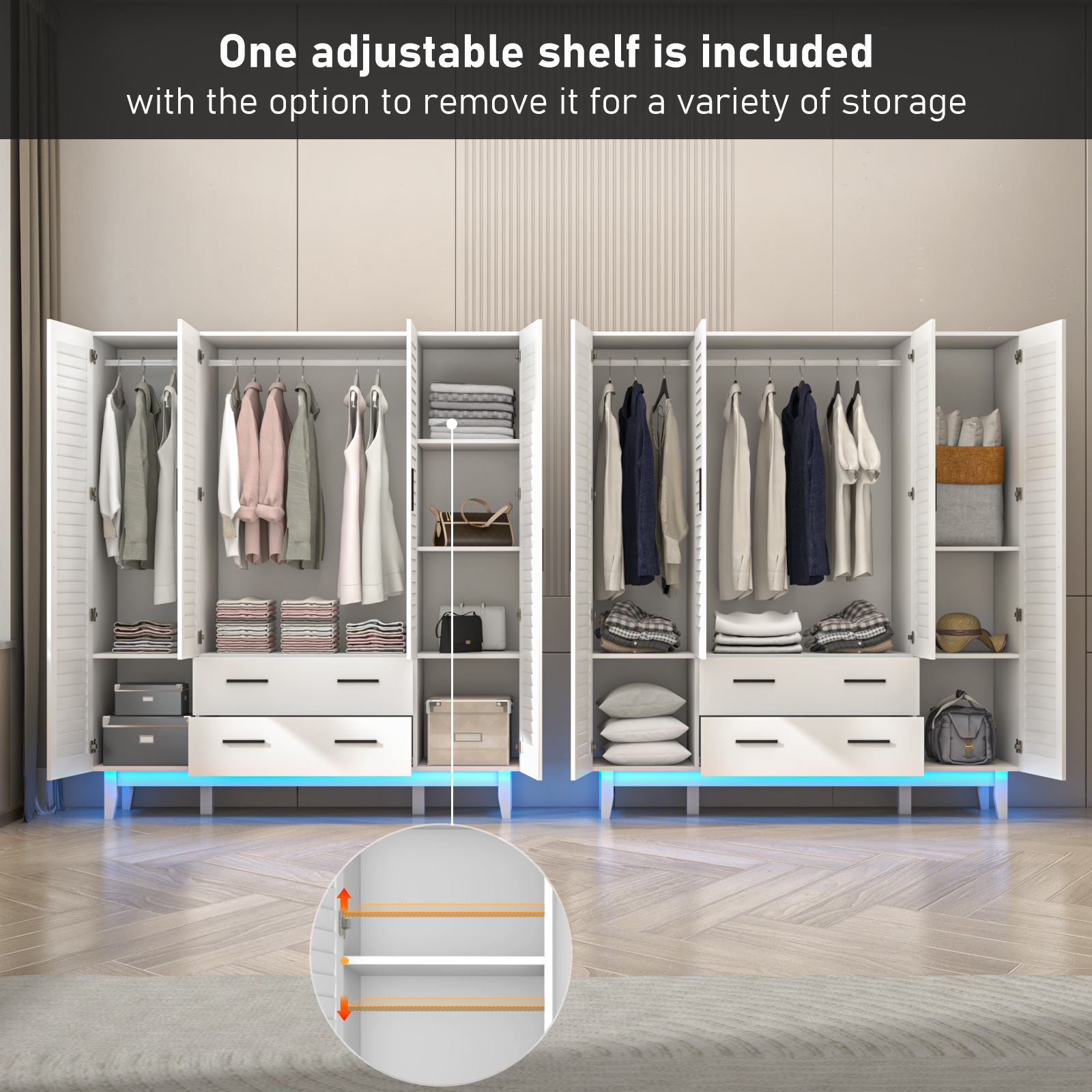 4-Doors Wardrobe Armoire with LED, 70-inch Closet Storage Cabinet with 4 Shelves, Hanging Rod & 2 Drawers for Bedroom