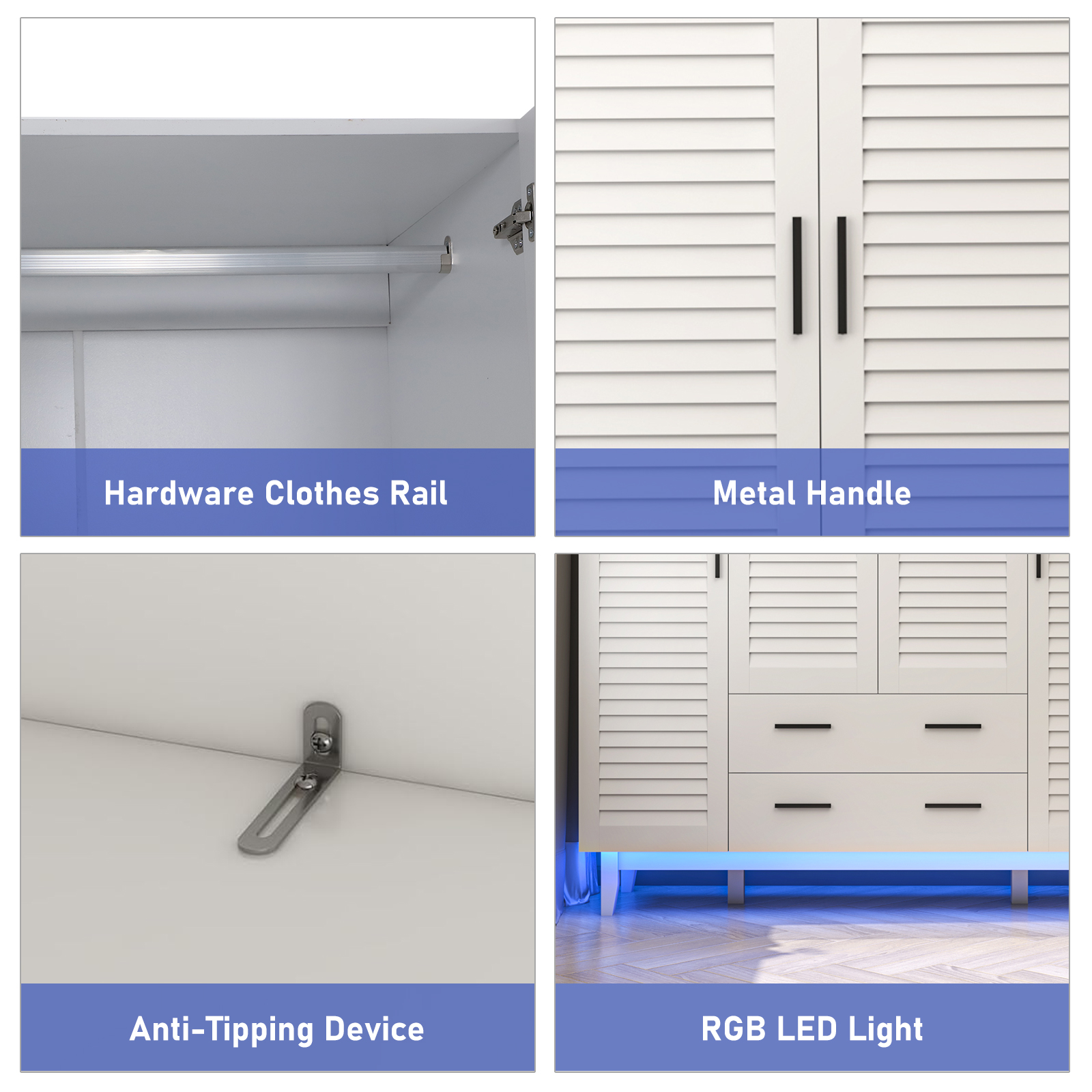 4-Doors Wardrobe Armoire with LED, 70-inch Closet Storage Cabinet with 4 Shelves, Hanging Rod & 2 Drawers for Bedroom