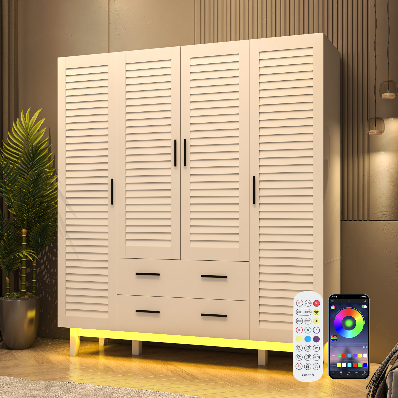 4-Doors Wardrobe Armoire with LED, 70-inch Closet Storage Cabinet with 4 Shelves, Hanging Rod & 2 Drawers for Bedroom