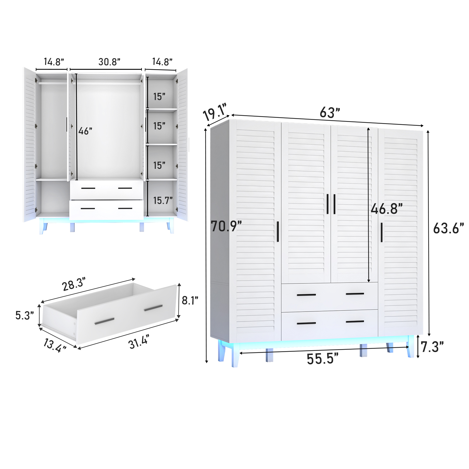 4-Doors Wardrobe Armoire with LED, 70-inch Closet Storage Cabinet with 4 Shelves, Hanging Rod & 2 Drawers for Bedroom