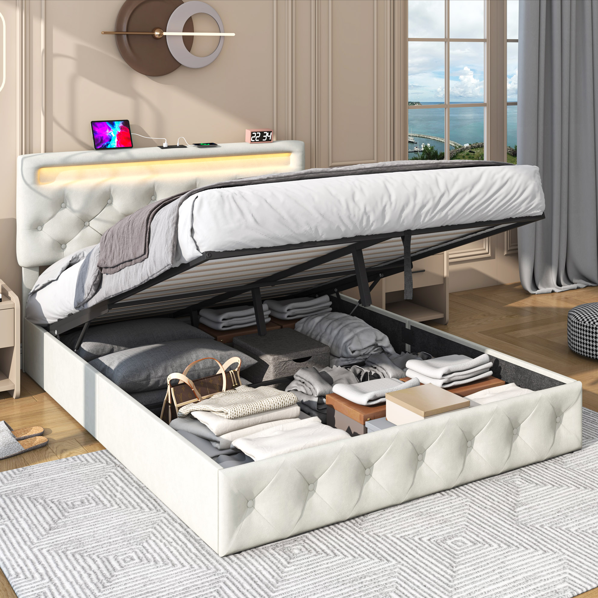 Lift Up Bed Frame Upholstered Platform Bed with LED Adjustable Headboard & Charging Station