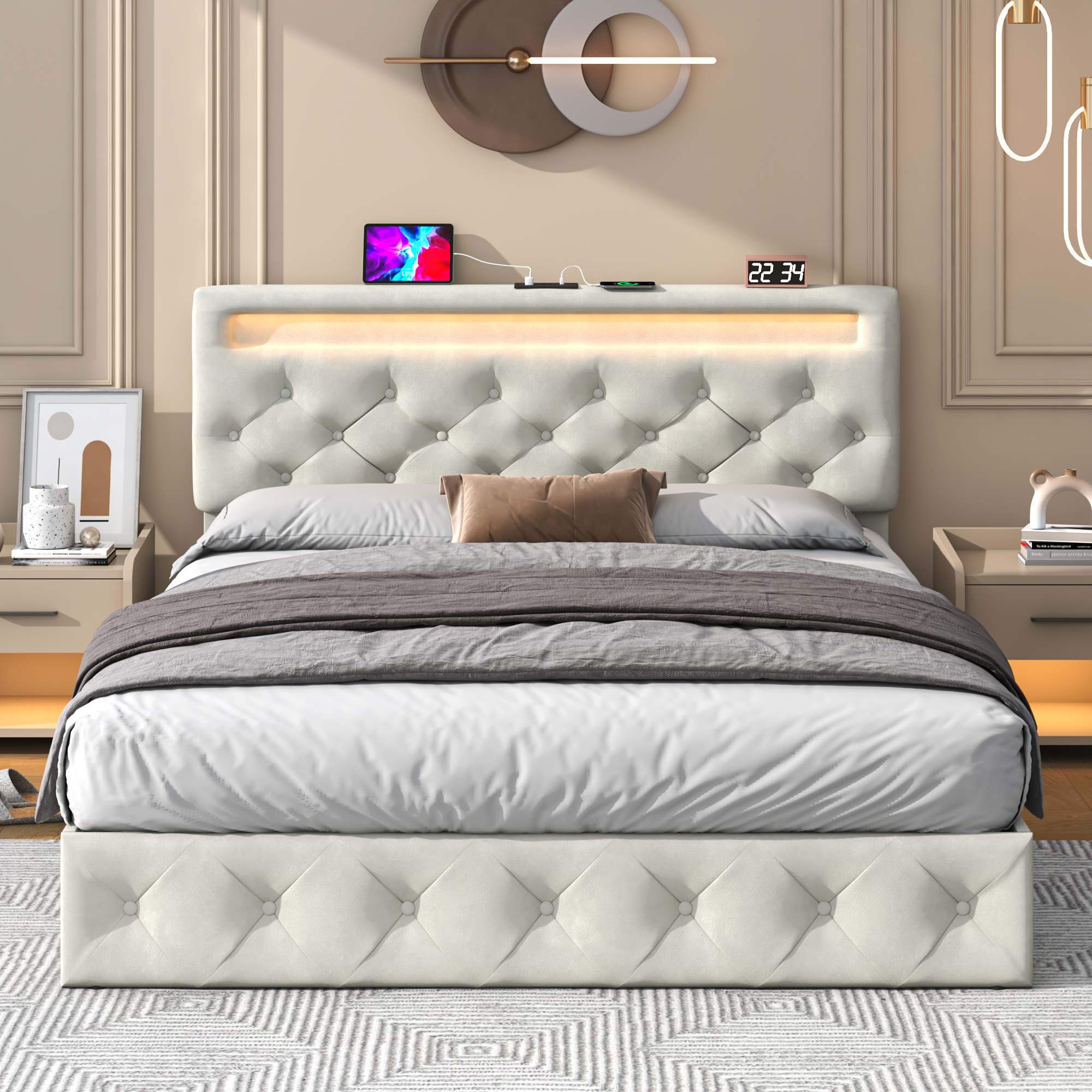 Lift Up Bed Frame Upholstered Platform Bed with LED Adjustable Headboard & Charging Station