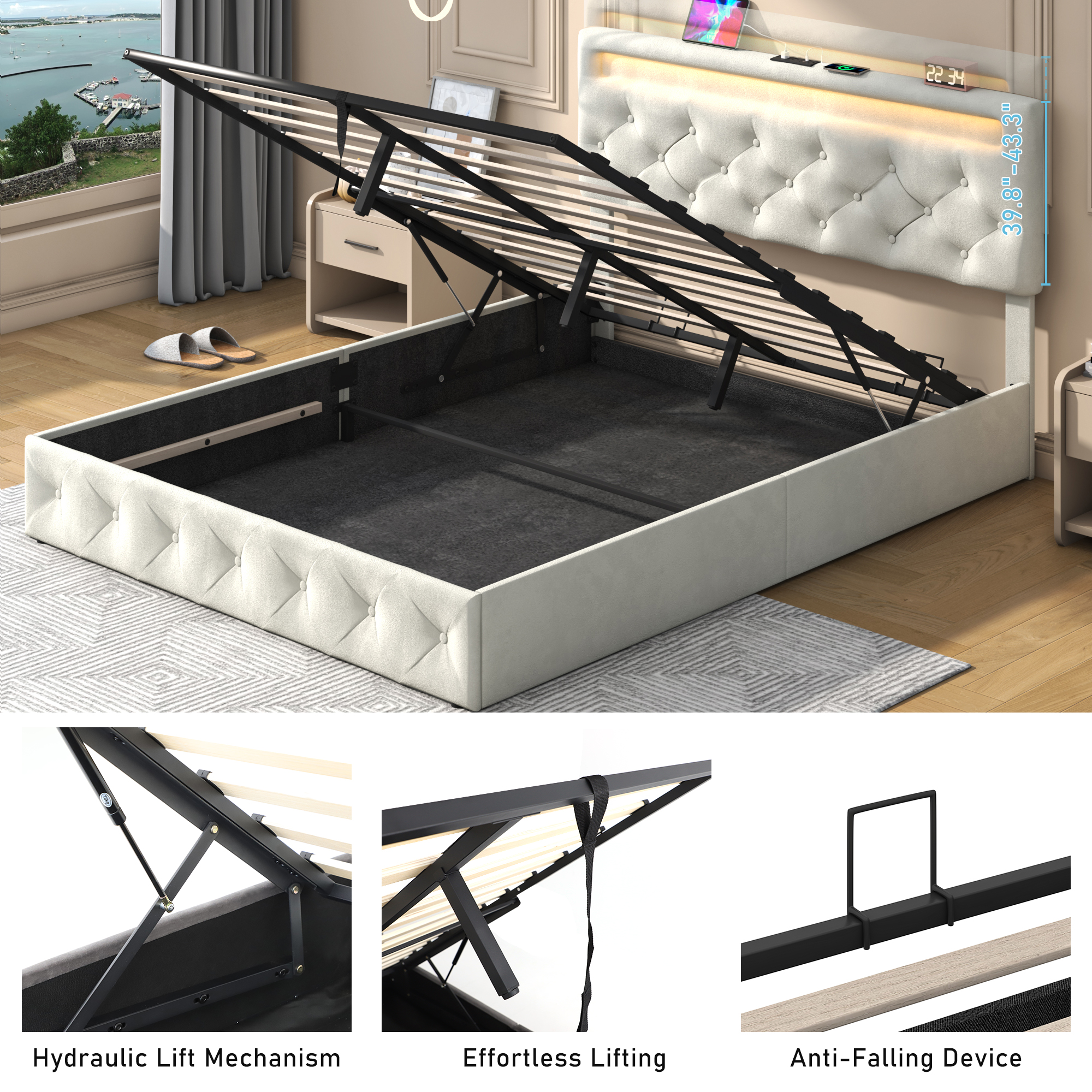 Lift Up Bed Frame Upholstered Platform Bed with LED Adjustable Headboard & Charging Station