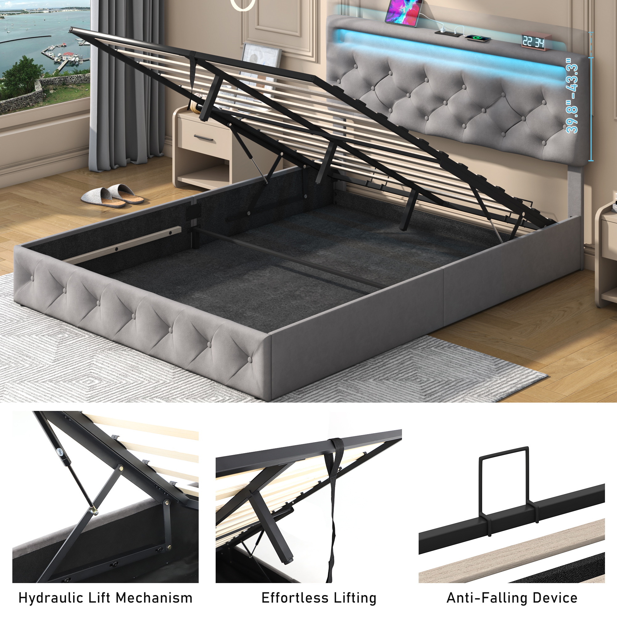 Lift Up Bed Frame Upholstered Platform Bed with LED Adjustable Headboard & Charging Station