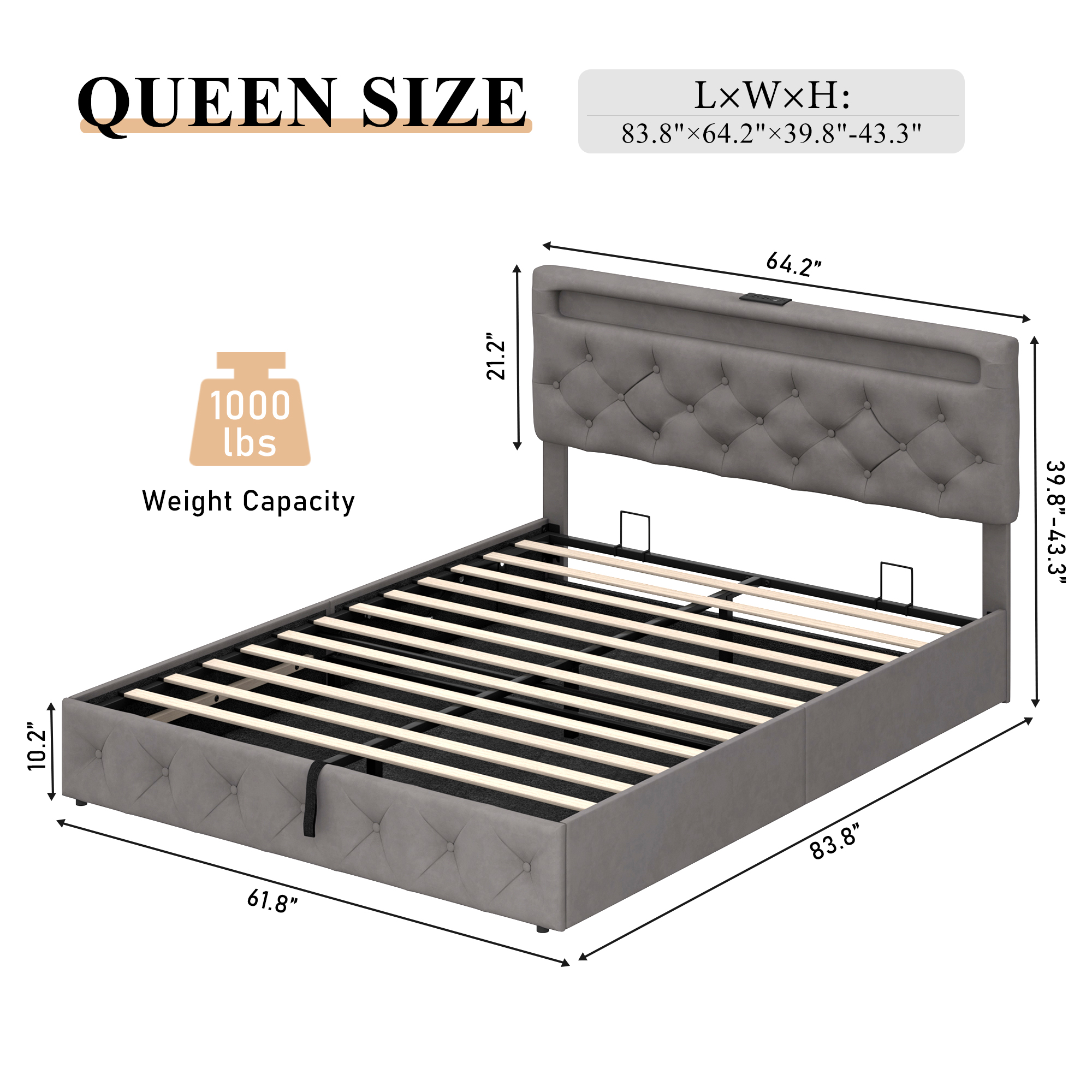 Lift Up Bed Frame Upholstered Platform Bed with LED Adjustable Headboard & Charging Station