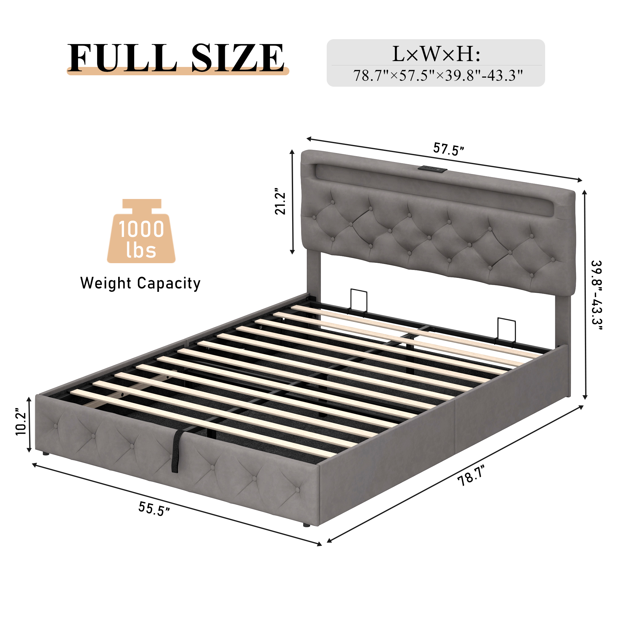 Lift Up Bed Frame Upholstered Platform Bed with LED Adjustable Headboard & Charging Station