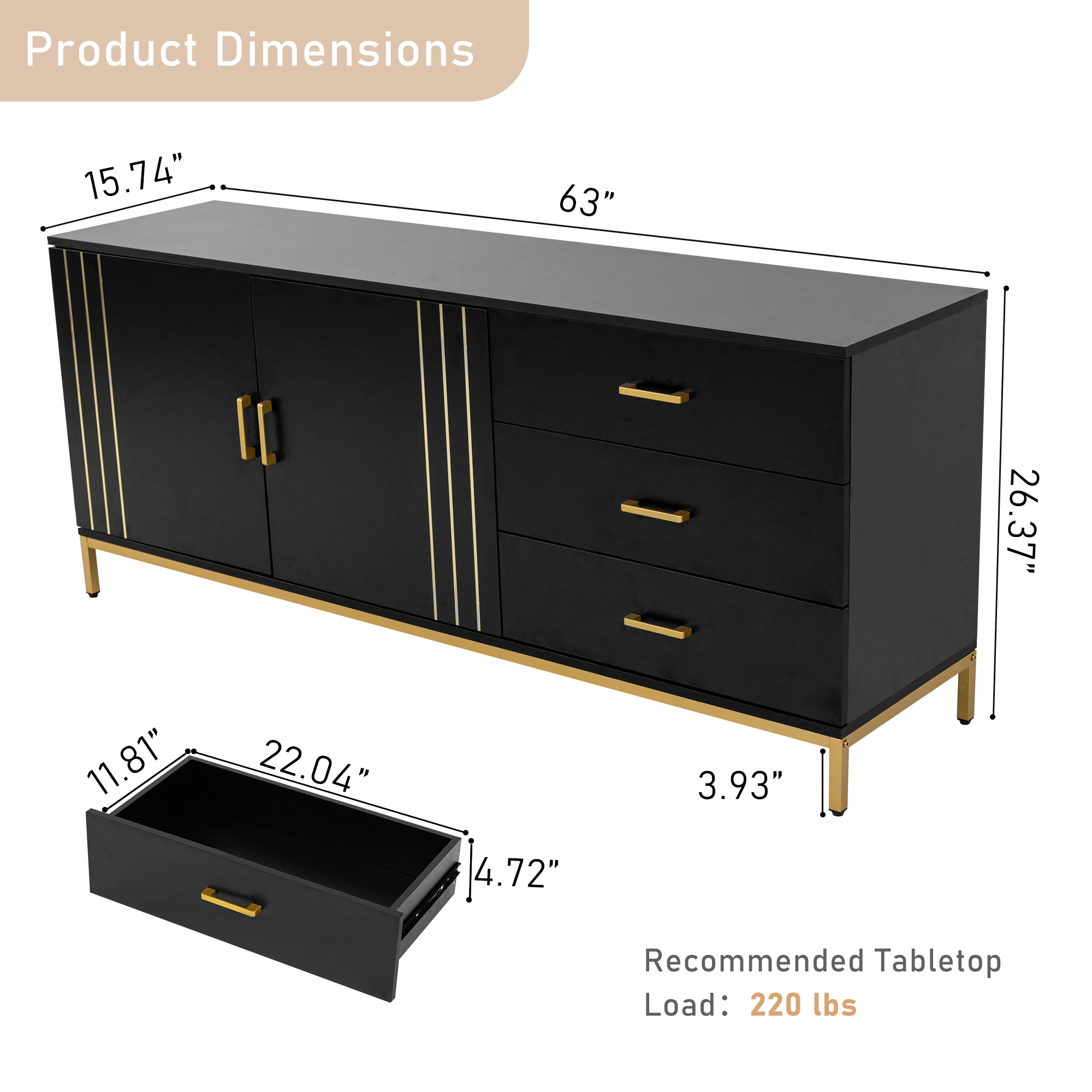 63" Large Buffet Sideboard Cabinet Gold Coffee Bar with Storage