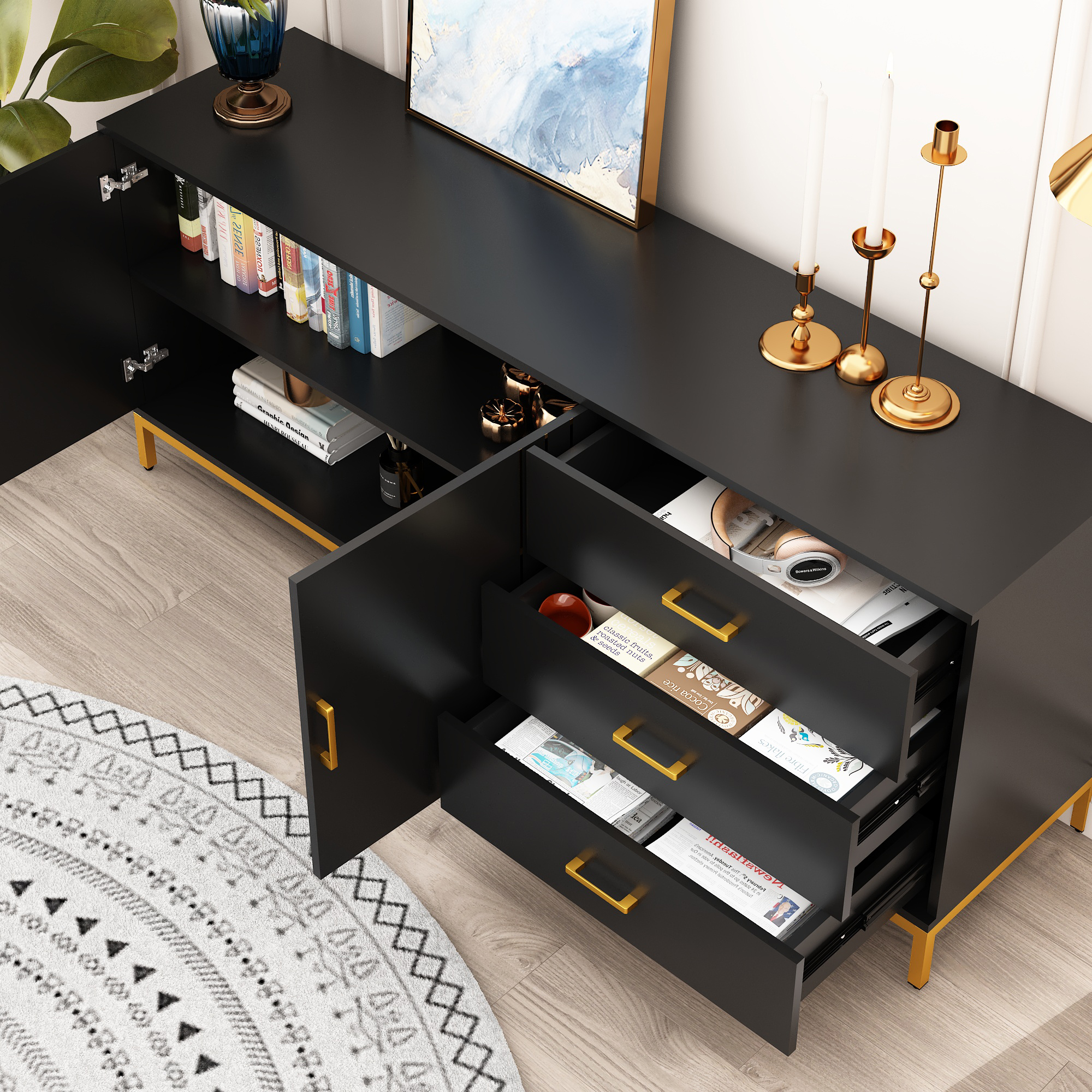 63" Large Buffet Sideboard Cabinet Gold Coffee Bar with Storage