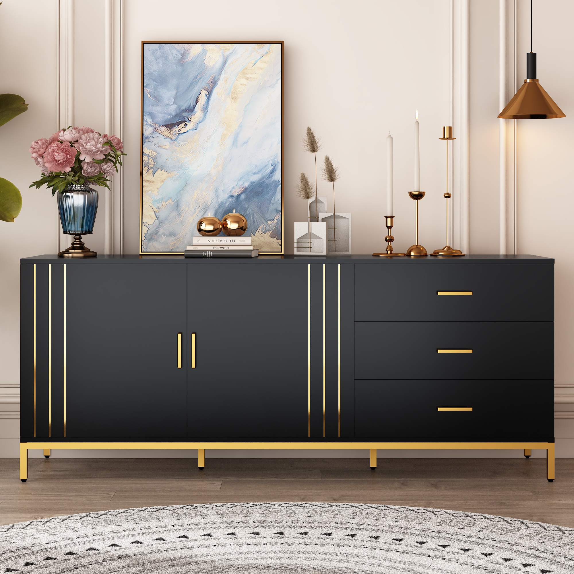 63" Large Buffet Sideboard Cabinet Gold Coffee Bar with Storage