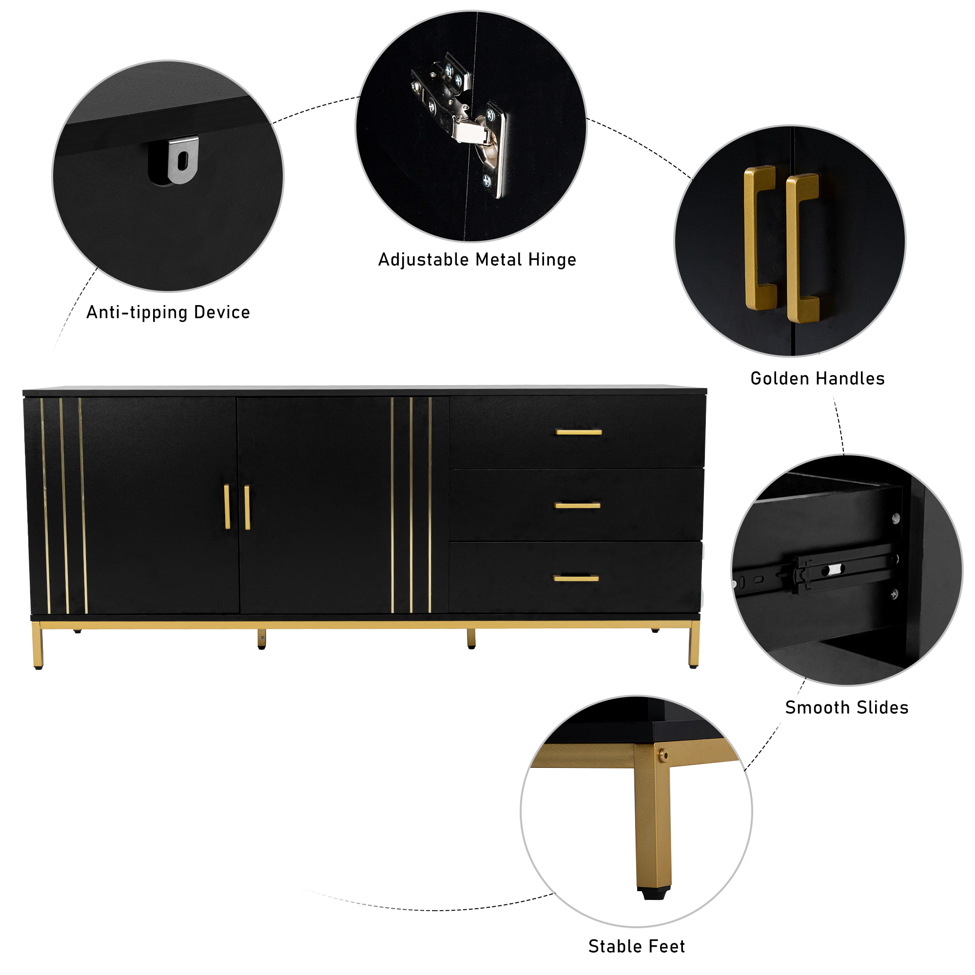 63" Large Buffet Sideboard Cabinet Gold Coffee Bar with Storage