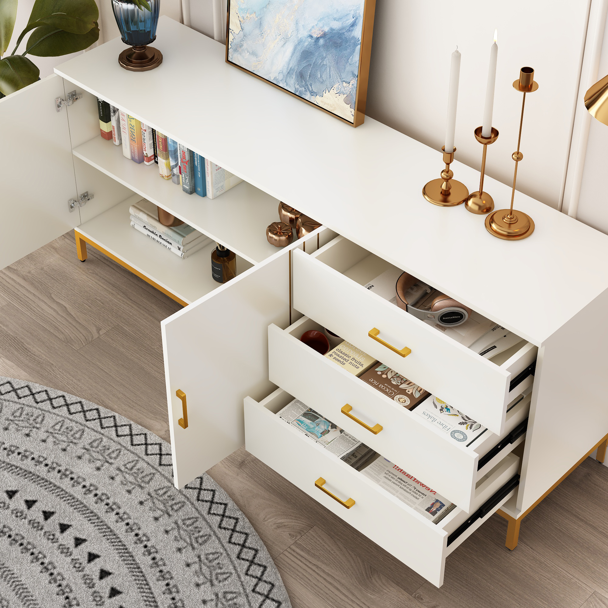 63" Large Buffet Sideboard Cabinet Gold Coffee Bar with Storage