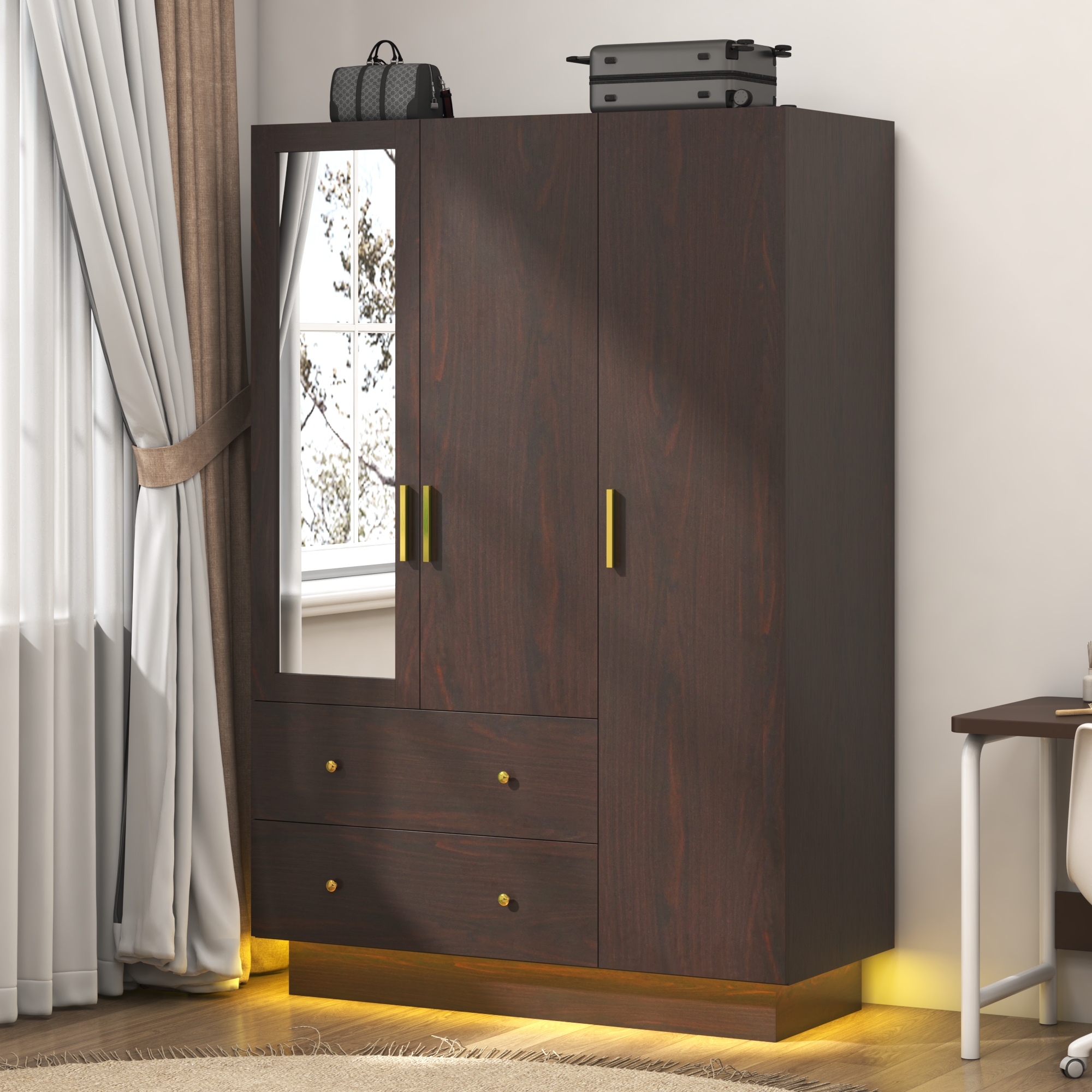 Blotout 70" Armoire Wardrobe Closet with Mirror, LED Wardrobe Armoire with 2 Drawers, 3 Door Wood Armoire Storage with Hanging Rods and Multi-Layer Shelves(Black)