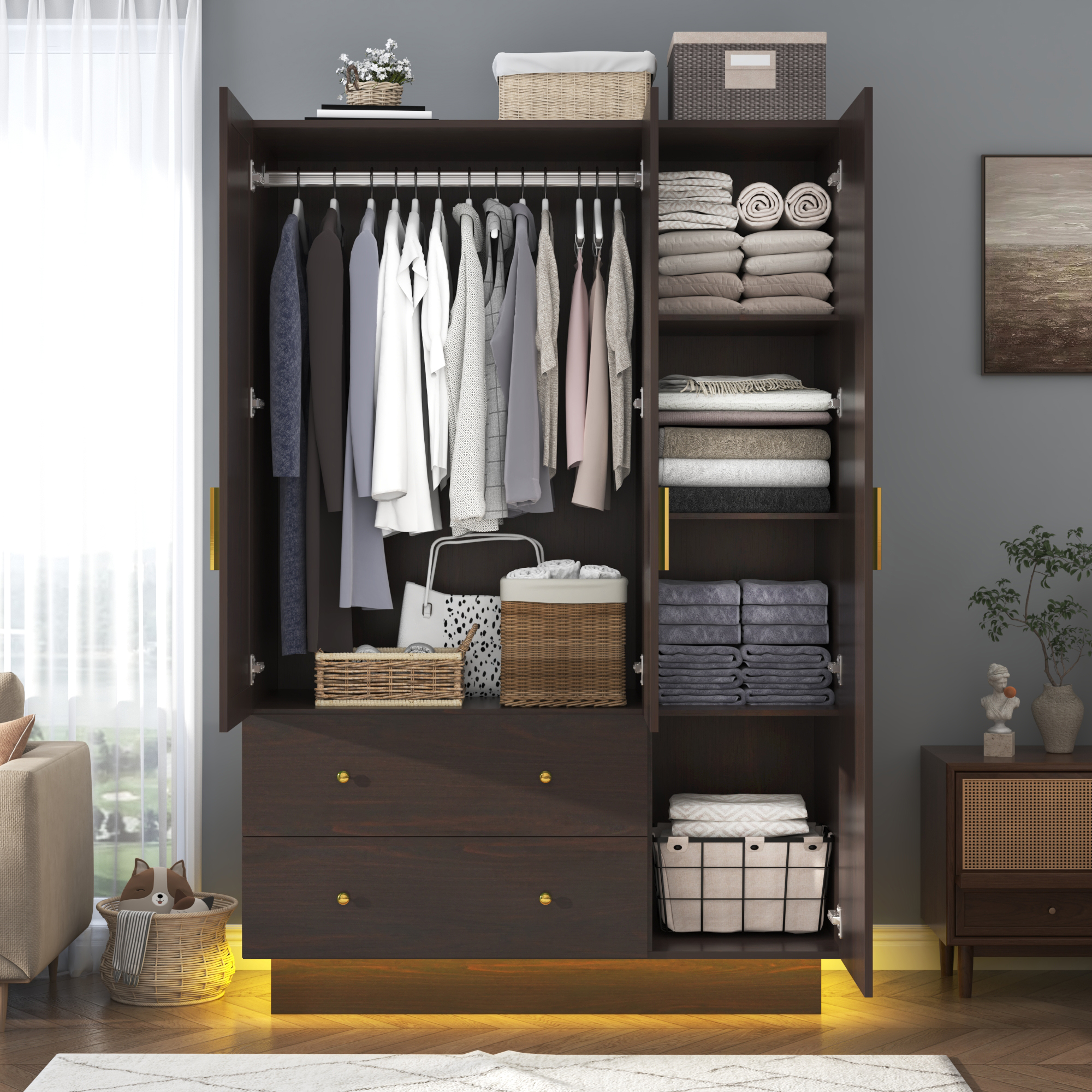 Blotout 70" Armoire Wardrobe Closet with Mirror, LED Wardrobe Armoire with 2 Drawers, 3 Door Wood Armoire Storage with Hanging Rods and Multi-Layer Shelves(Black)