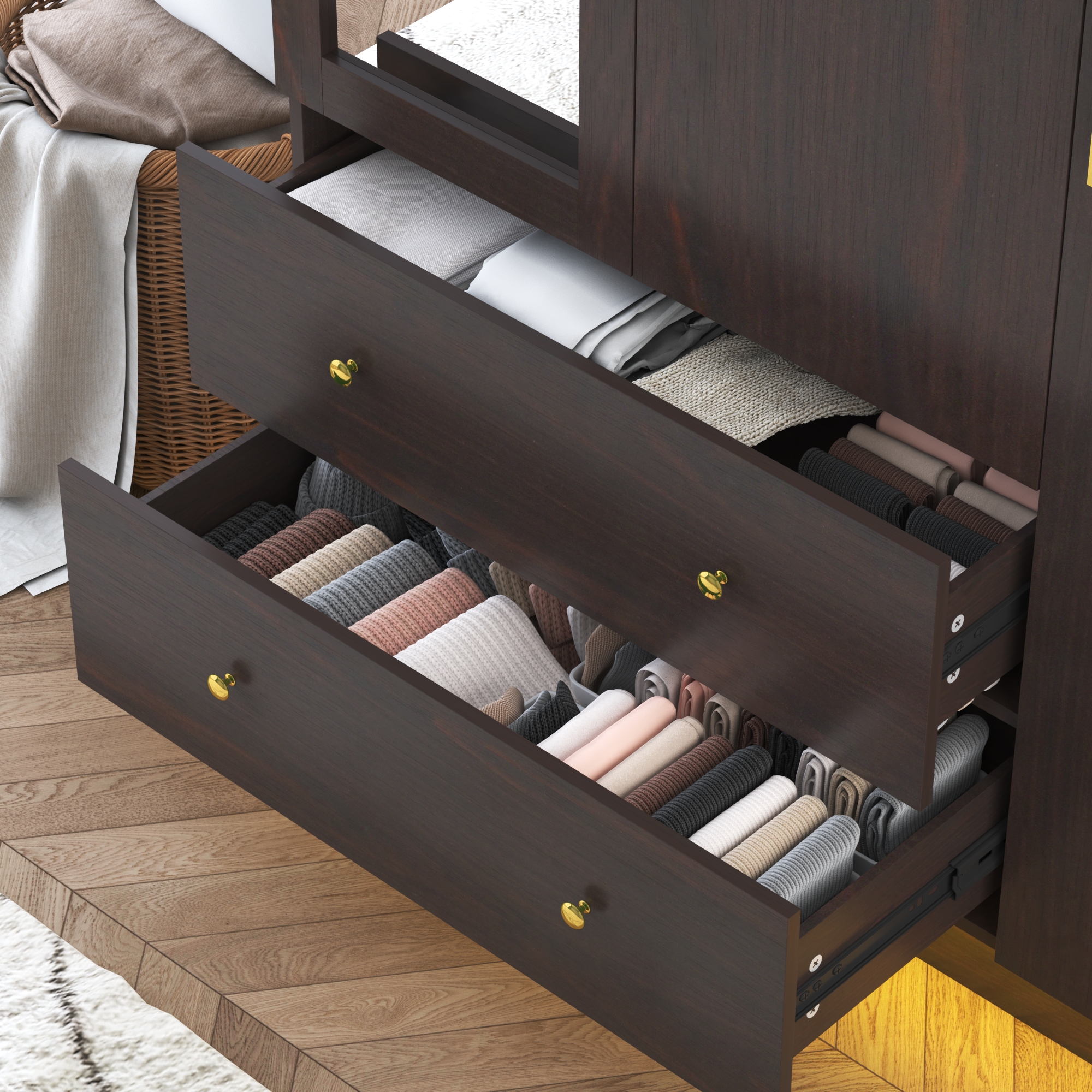 Blotout 70" Armoire Wardrobe Closet with Mirror, LED Wardrobe Armoire with 2 Drawers, 3 Door Wood Armoire Storage with Hanging Rods and Multi-Layer Shelves(Black)