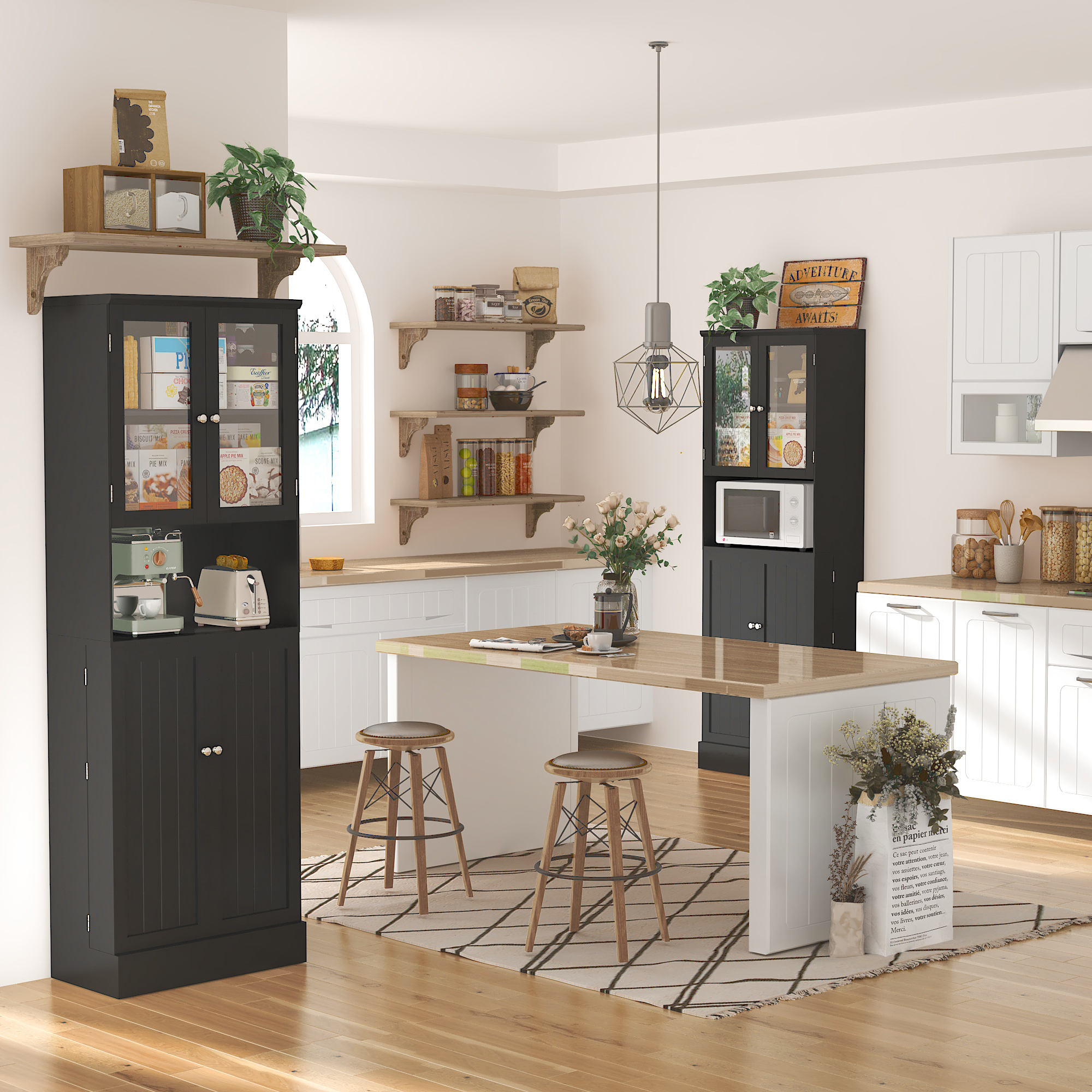 71” 4 Doors Pantry Cabinet, Tall Storage Cabinet with Large Open Compartment & Adjustable Shelves