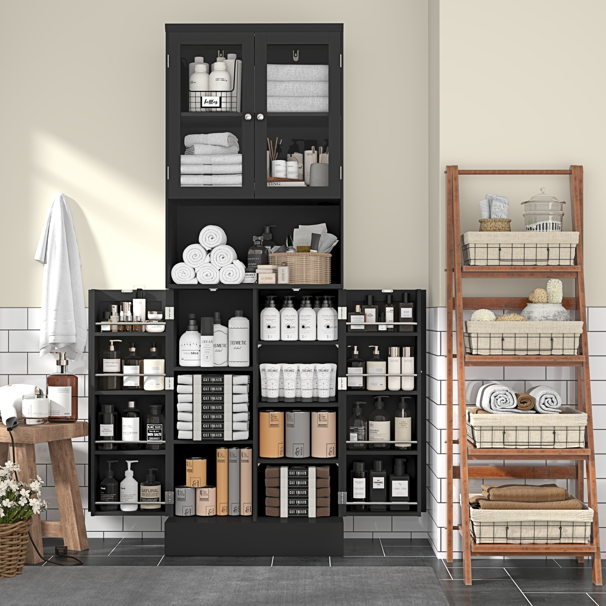 71” 4 Doors Pantry Cabinet, Tall Storage Cabinet with Large Open Compartment & Adjustable Shelves