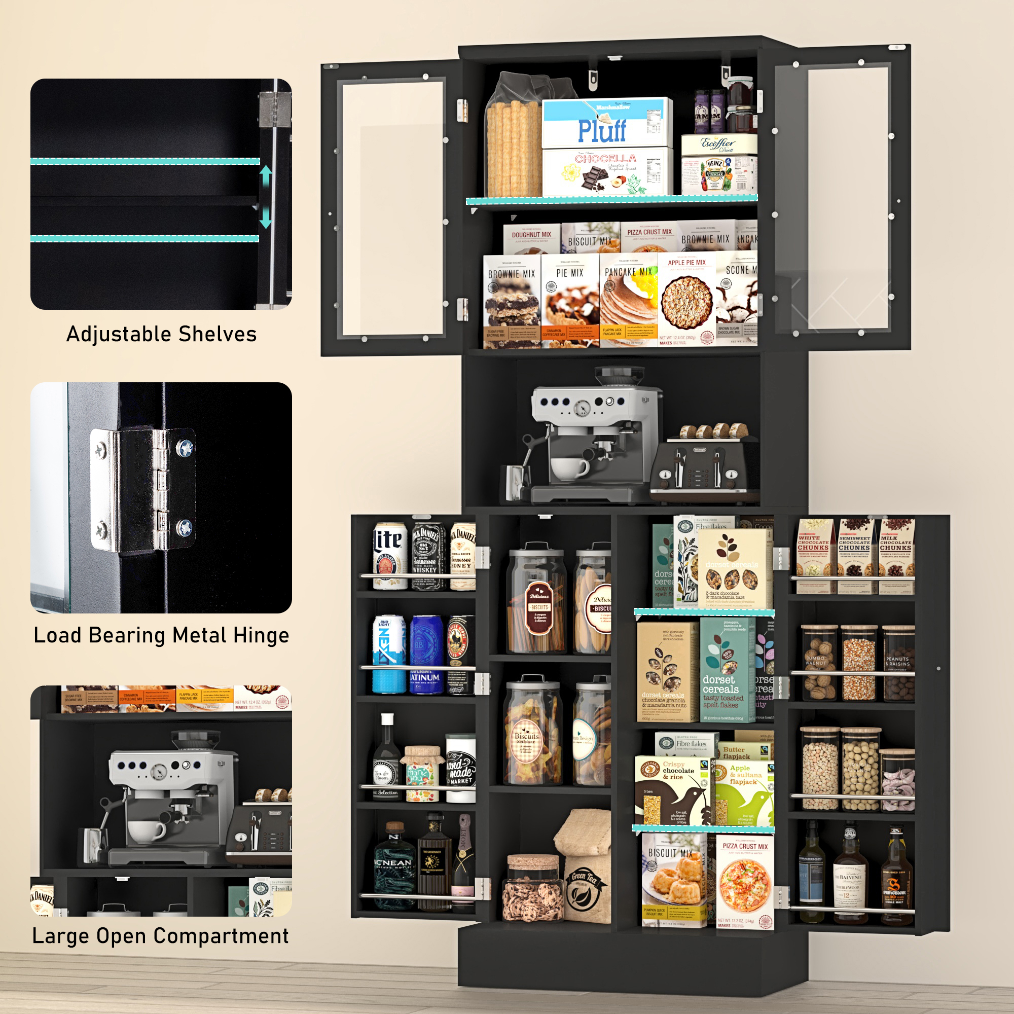 71” 4 Doors Pantry Cabinet, Tall Storage Cabinet with Large Open Compartment & Adjustable Shelves