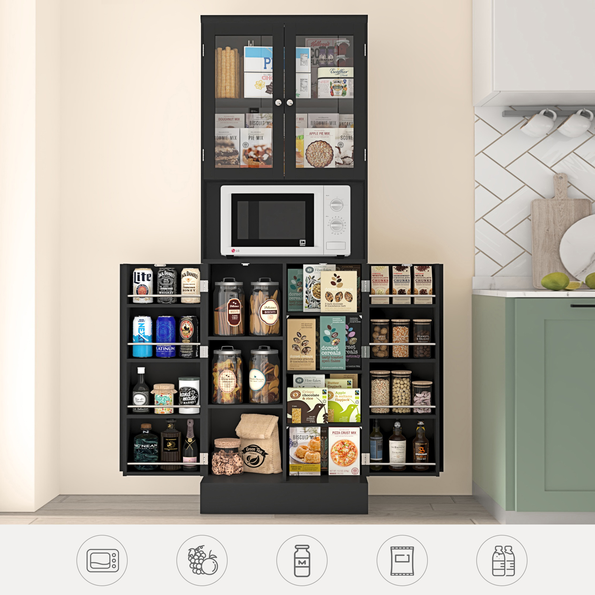 71” 4 Doors Pantry Cabinet, Tall Storage Cabinet with Large Open Compartment & Adjustable Shelves