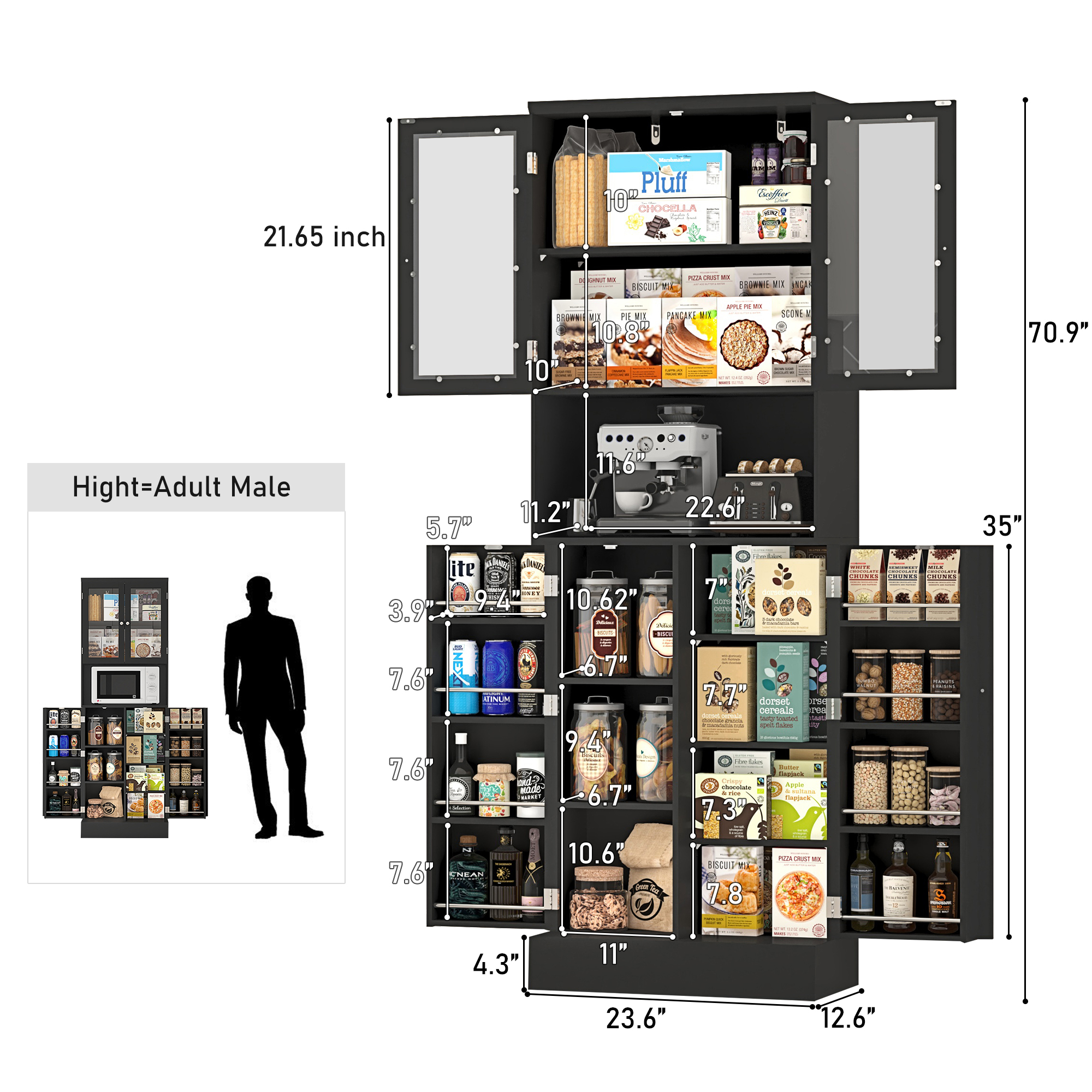 71” 4 Doors Pantry Cabinet, Tall Storage Cabinet with Large Open Compartment & Adjustable Shelves