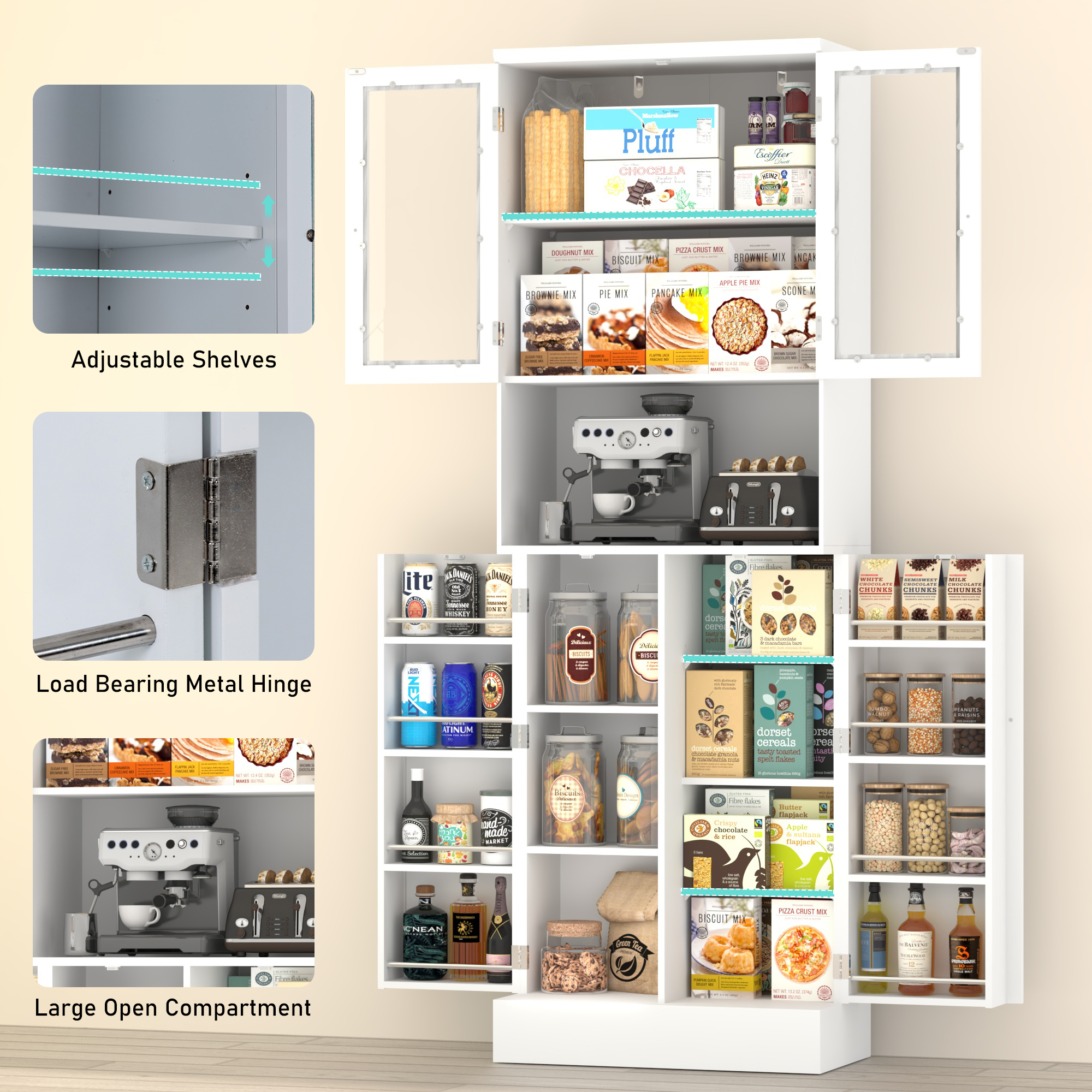 71” 4 Doors Pantry Cabinet, Tall Storage Cabinet with Large Open Compartment & Adjustable Shelves
