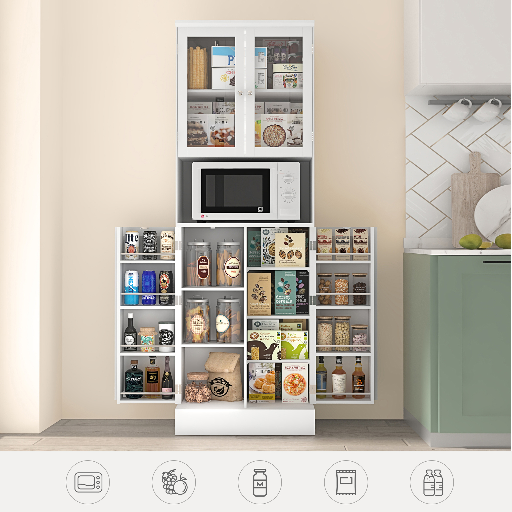 71” 4 Doors Pantry Cabinet, Tall Storage Cabinet with Large Open Compartment & Adjustable Shelves