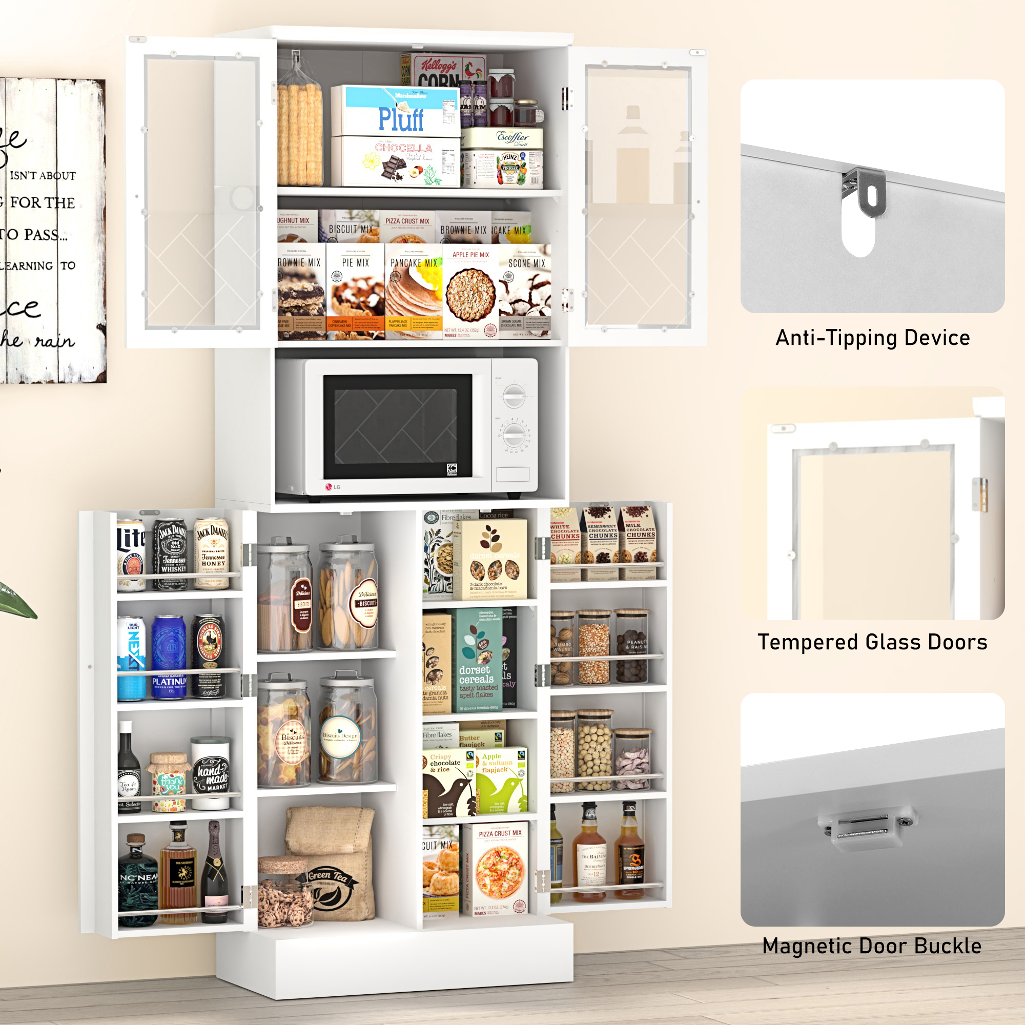 71” 4 Doors Pantry Cabinet, Tall Storage Cabinet with Large Open Compartment & Adjustable Shelves