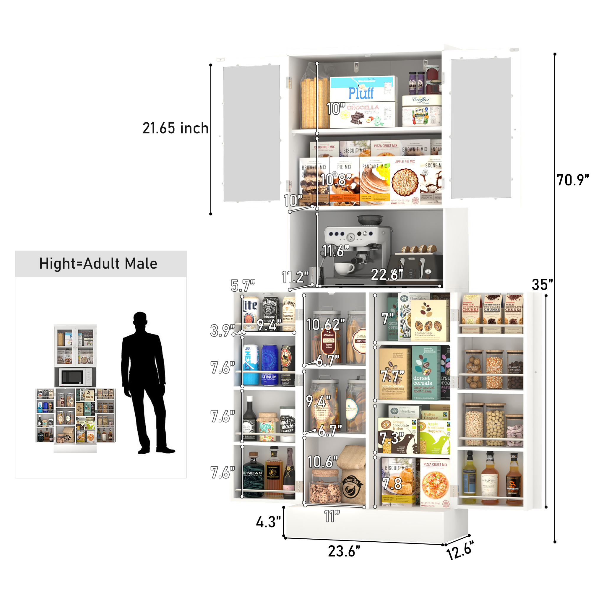 71” 4 Doors Pantry Cabinet, Tall Storage Cabinet with Large Open Compartment & Adjustable Shelves
