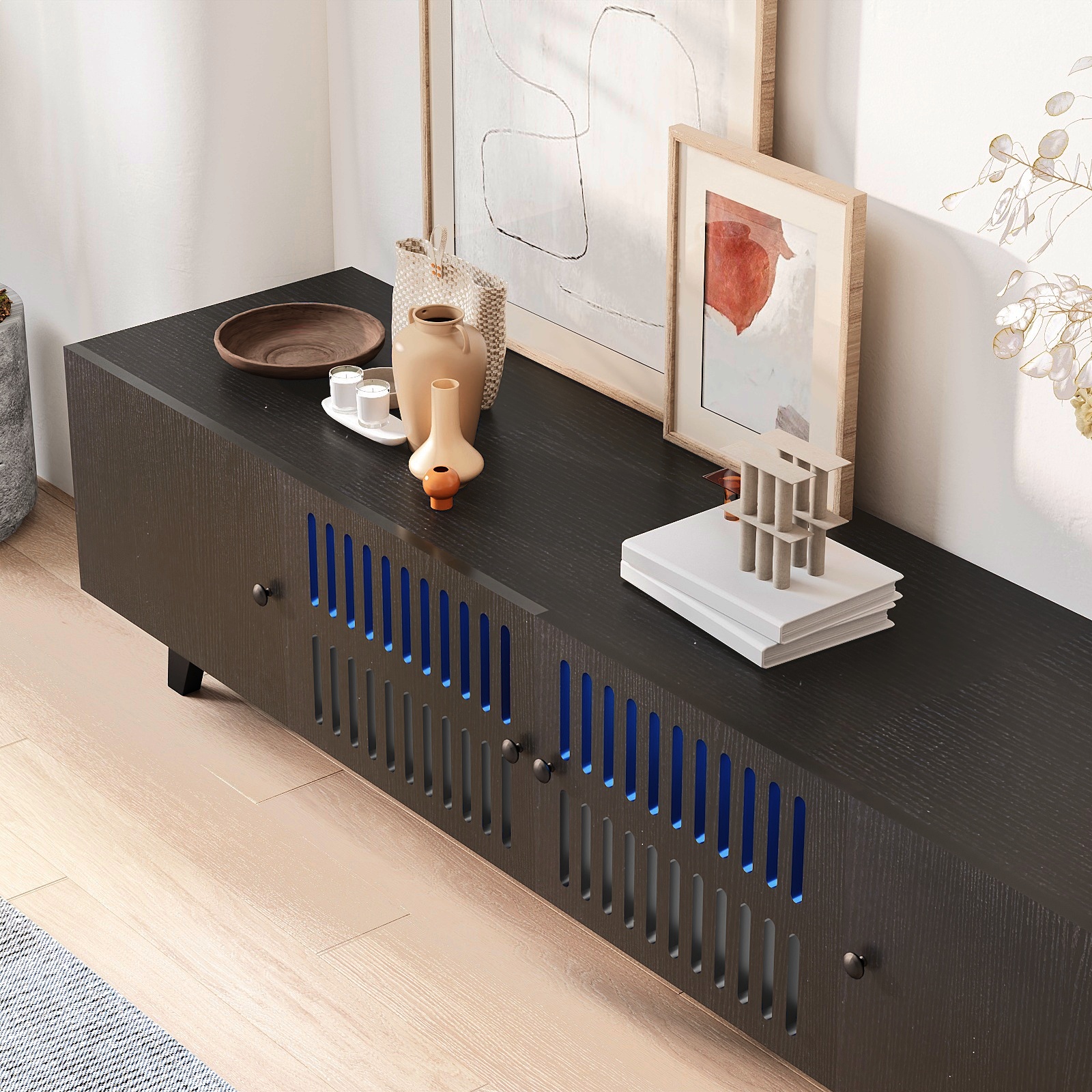 Modern TV Stand Cabinet for 75” TVs, LED TV Console Entertainment Center with Adjustable Shelves & Storage Doors, Black