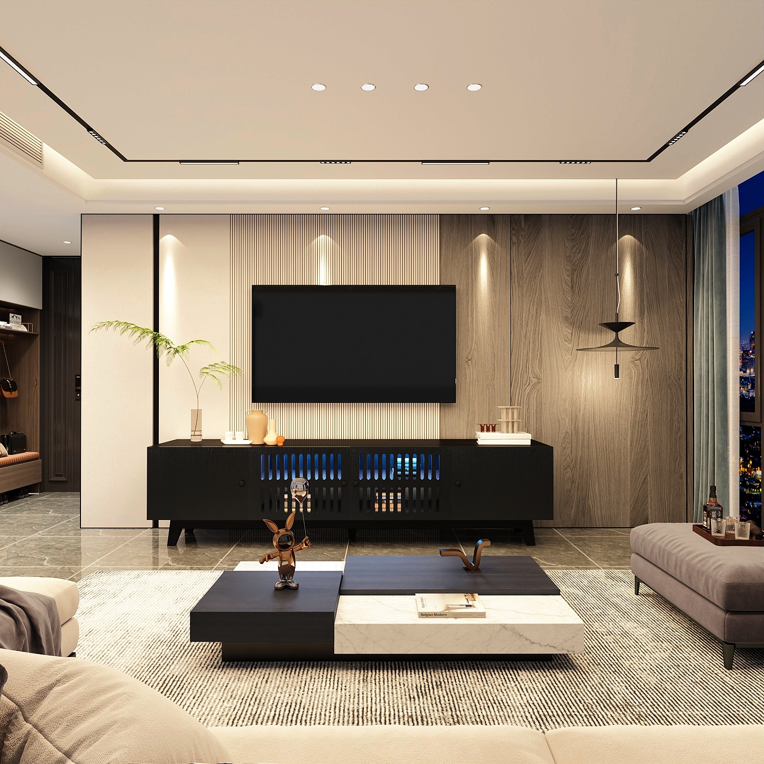 Modern TV Stand Cabinet for 75” TVs, LED TV Console Entertainment Center with Adjustable Shelves & Storage Doors, Black