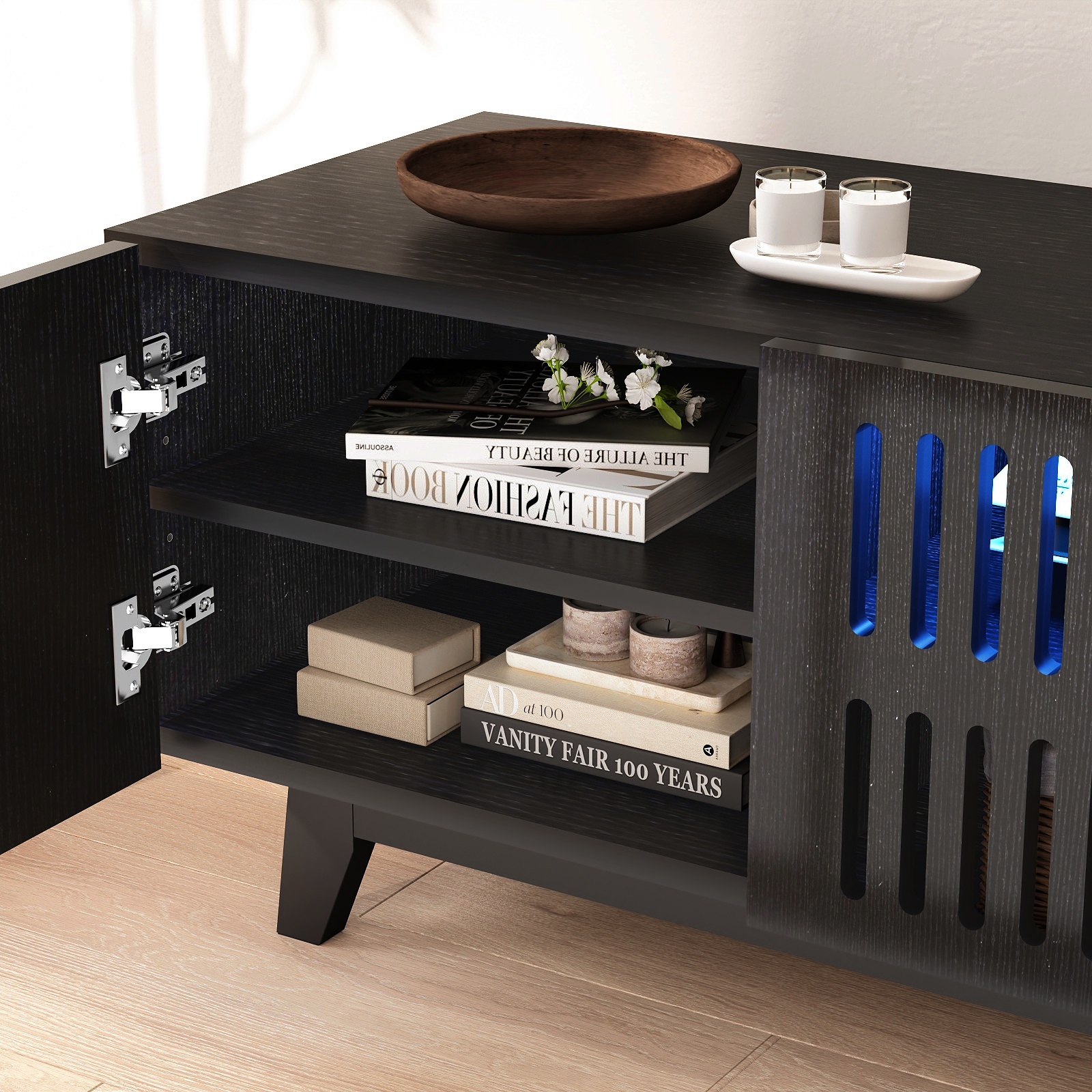 Modern TV Stand Cabinet for 75” TVs, LED TV Console Entertainment Center with Adjustable Shelves & Storage Doors, Black